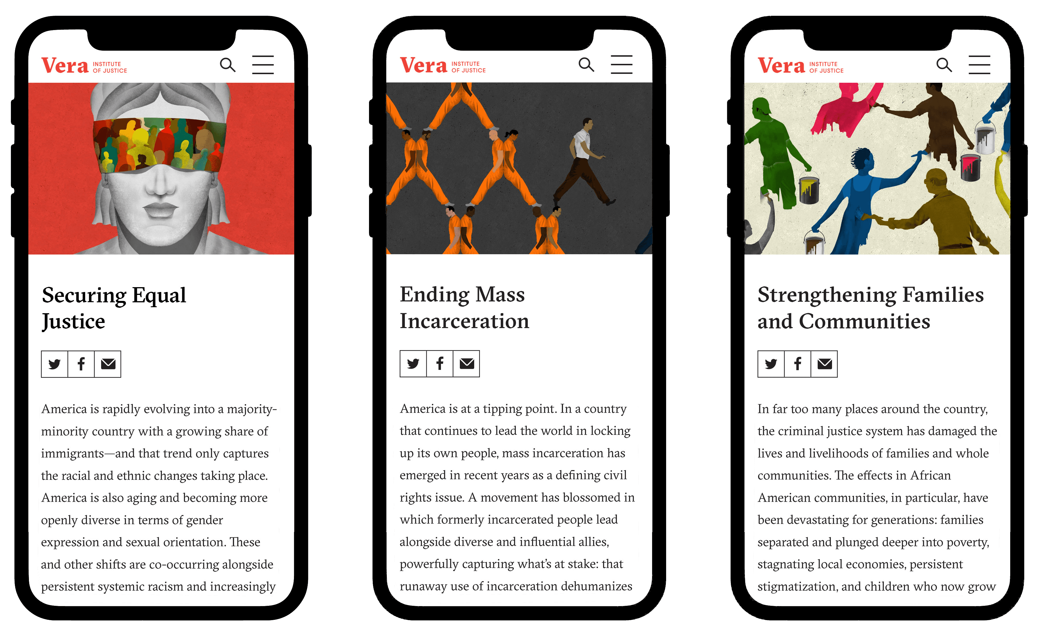 Three smartphone screens display different articles from the Vera Institute of Justice. The first discusses "Securing Equal Justice" with a grayscale image of a woman and colorful heads. The second, "Ending Mass Incarceration," shows a hand pulling individuals from prison bars. The third, "Strengthening Families and Communities," depicts people connected by a web of multi-colored lines.