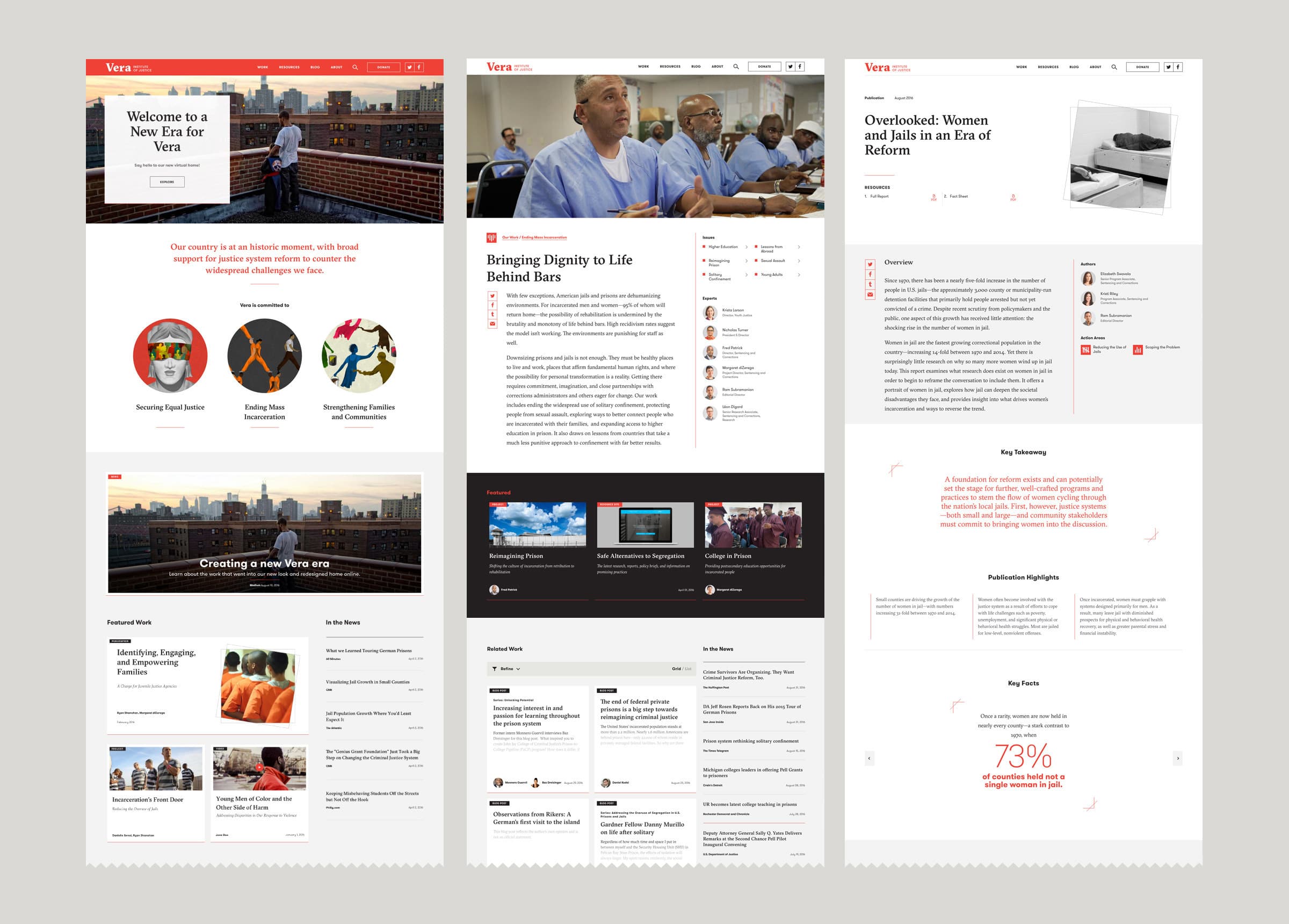 A three-column webpage showing various sections. The first column includes an introduction and circular graphs. The second features an article with images of people. The third presents another article with more text and a pie chart. The overall theme appears to be related to social issues.