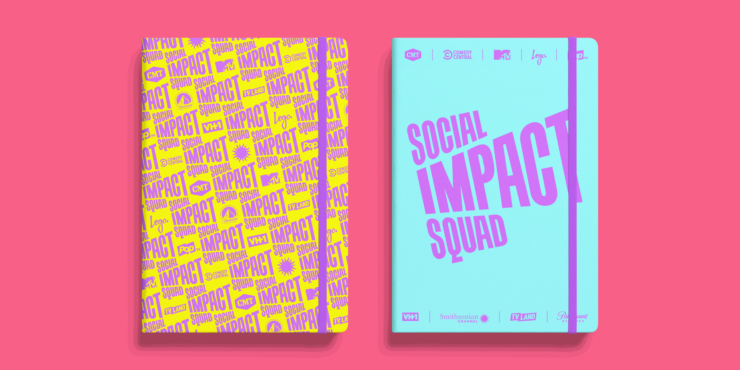 Two vibrant notebooks set against a bright pink background. The left notebook is decorated with lively, overlapping yellow and purple text that reads "IMPACT." The right notebook is light blue with "SOCIAL IMPACT SQUAD" prominently displayed in bold purple letters.