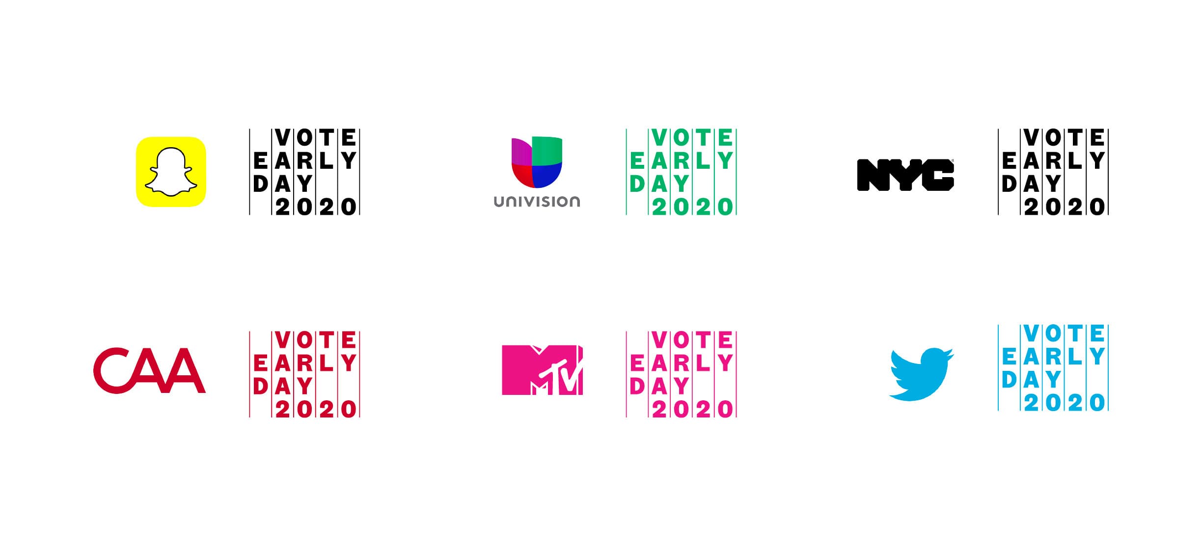A grid displaying eight logos supporting Vote Early Day 2020: Snapchat, Univision, NYC, Creative Artists Agency (CAA), MTV, and Twitter. Each logo includes the text "VOTE EARLY DAY 2020" in various colors and designs.