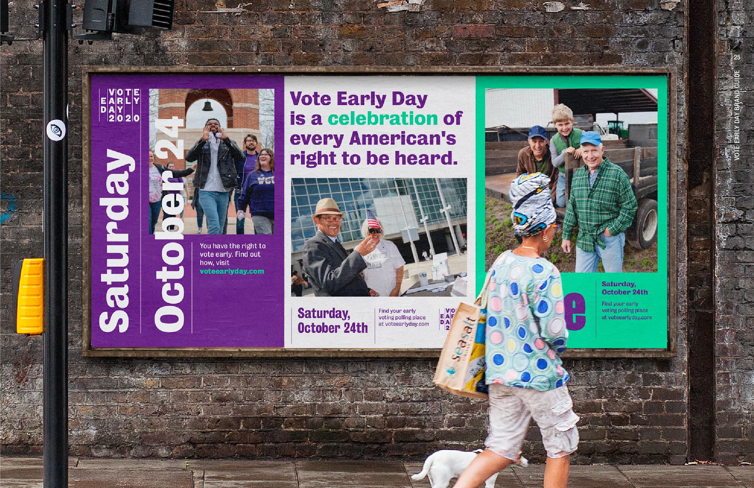 A person walks past a large outdoor billboard promoting "Vote Early Day" on October 24, 2020. The billboard features images of people voting and texts emphasizing the importance of early voting and the celebration of every American's right to be heard.