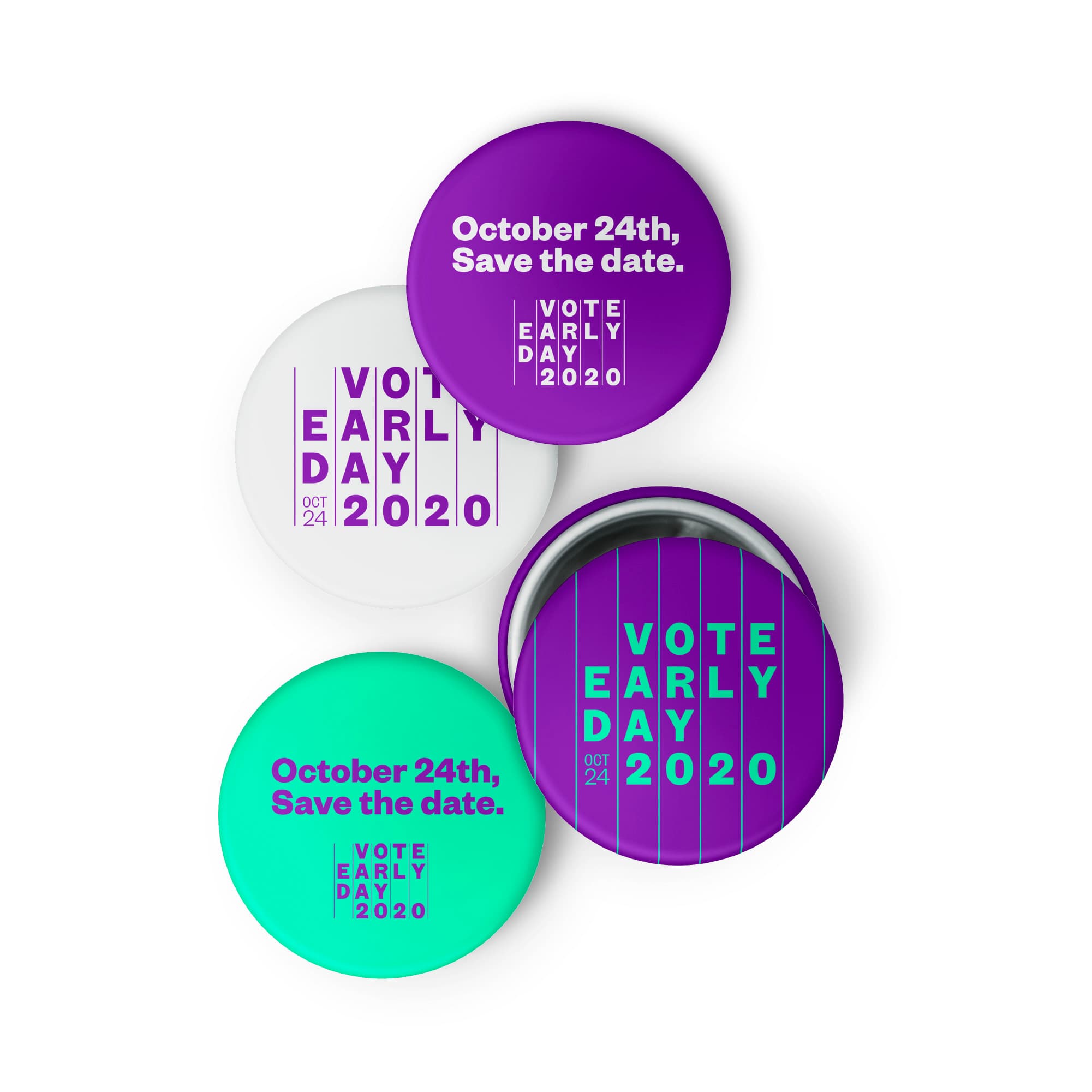 Four buttons promoting early voting are displayed. Two are purple with white text reading "October 24th. Save the date. VOTE EARLY DAY 2020." One is white with purple text and the fourth is light green with purple text, both featuring the same message.