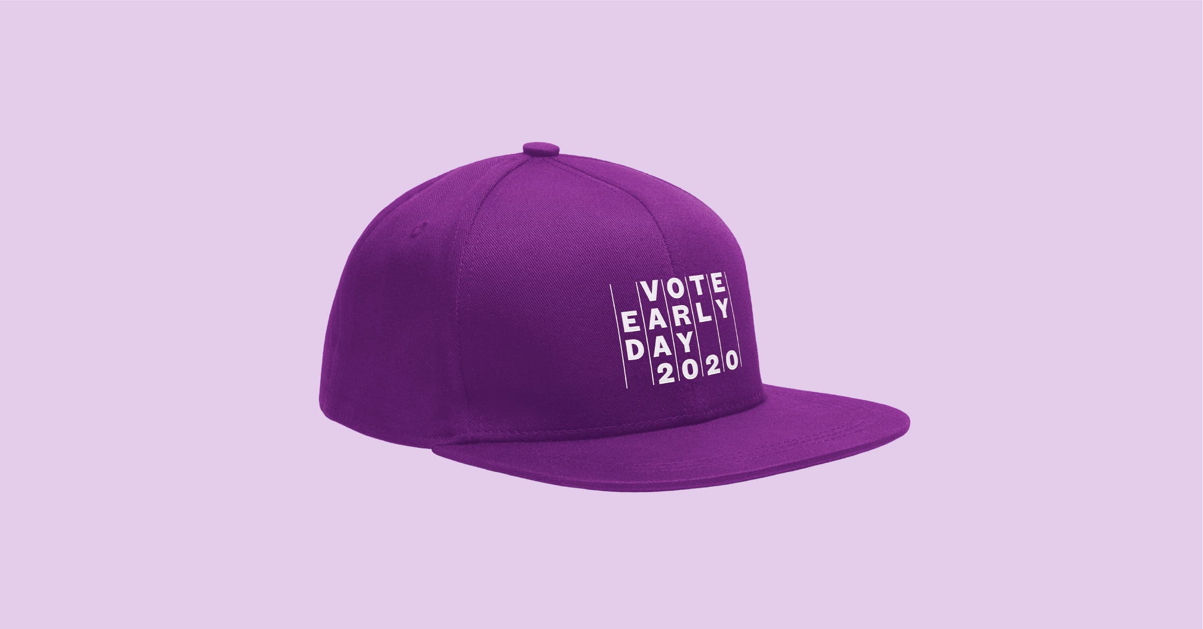 A purple baseball cap displayed against a light purple background, with the words "VOTE EARLY DAY 2020" in white, bold, vertical text on the front panel.