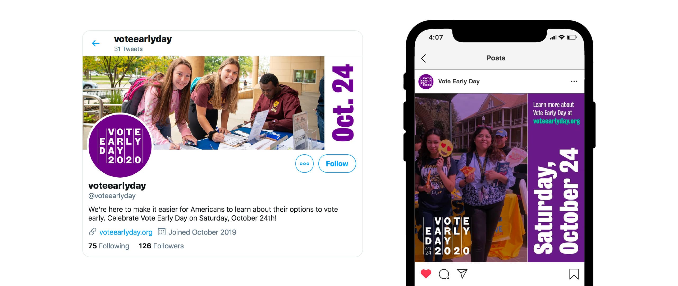 An image displays a Twitter and Instagram post promoting Vote Early Day 2020. The Twitter post features people filling out forms at a table. The Instagram post shows people holding signs. Both have a purple "Vote Early Day 2020" logo and the text "Saturday, October 24.