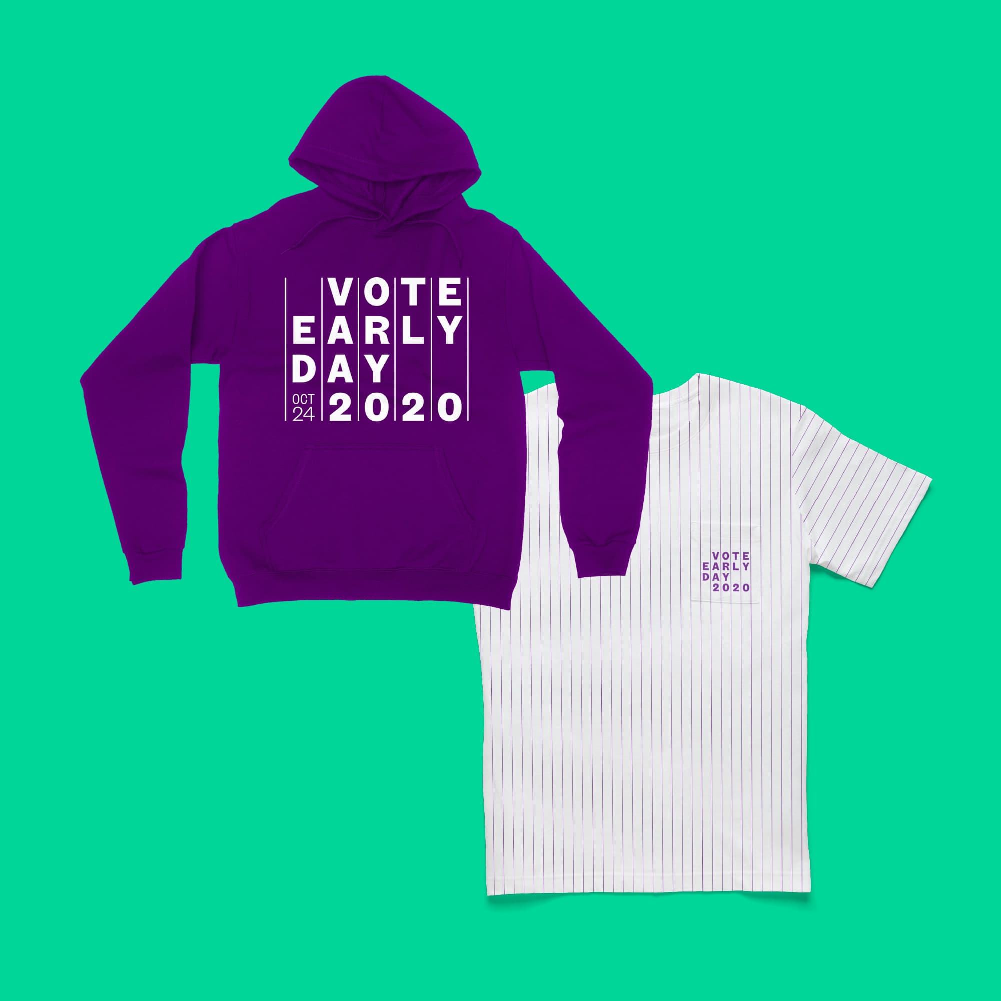 A purple hoodie with "Vote Early Day 2020" printed vertically in white letters on the front, accompanied by a white, vertically striped t-shirt displaying the same text in a smaller print. Both garments are laid out against a solid teal background.