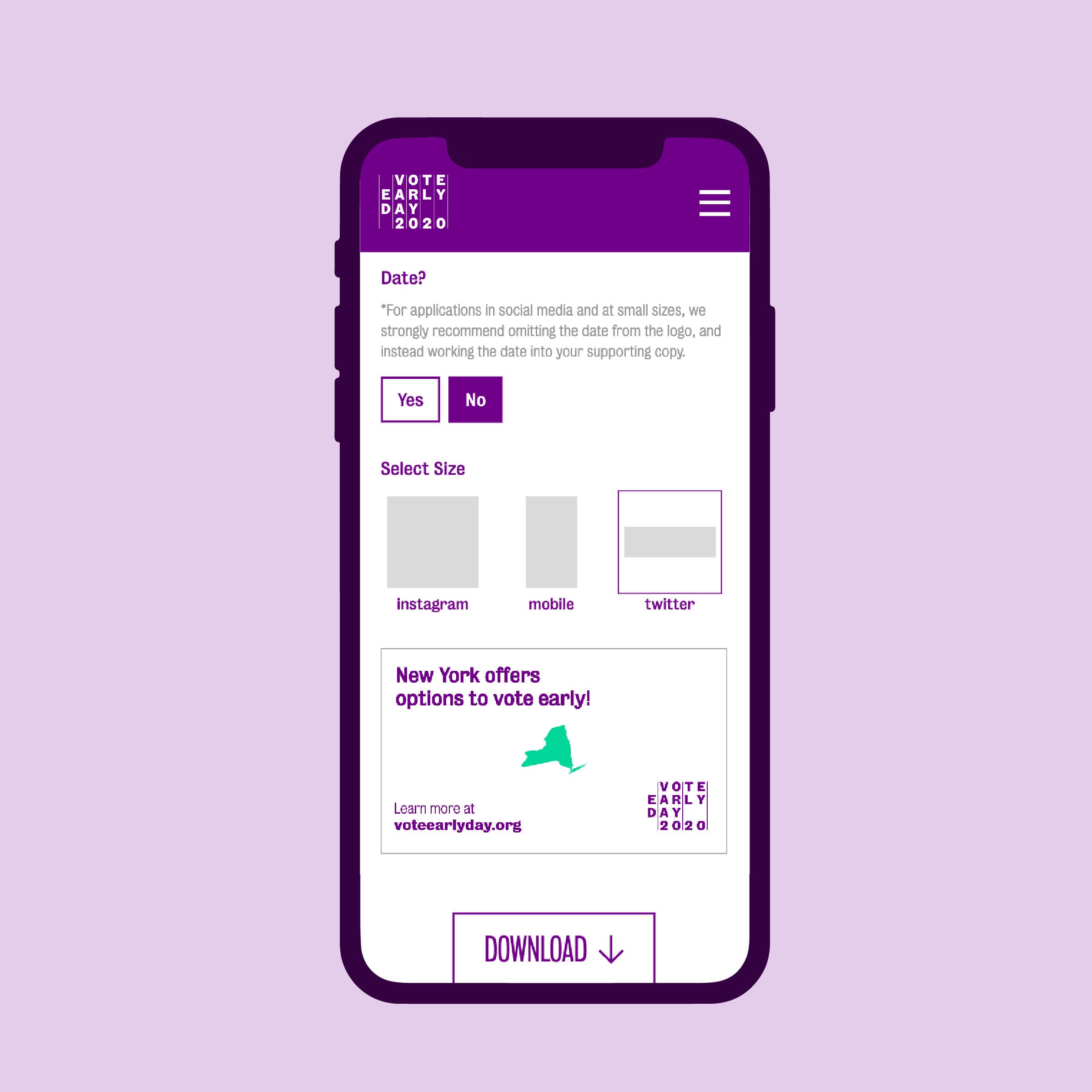 A smartphone displaying a webpage from "Vote Early Day 2020." The page allows users to select an image size (Instagram, mobile, Twitter) and provides information about voting early in New York. There is a "Download" button at the bottom of the screen.