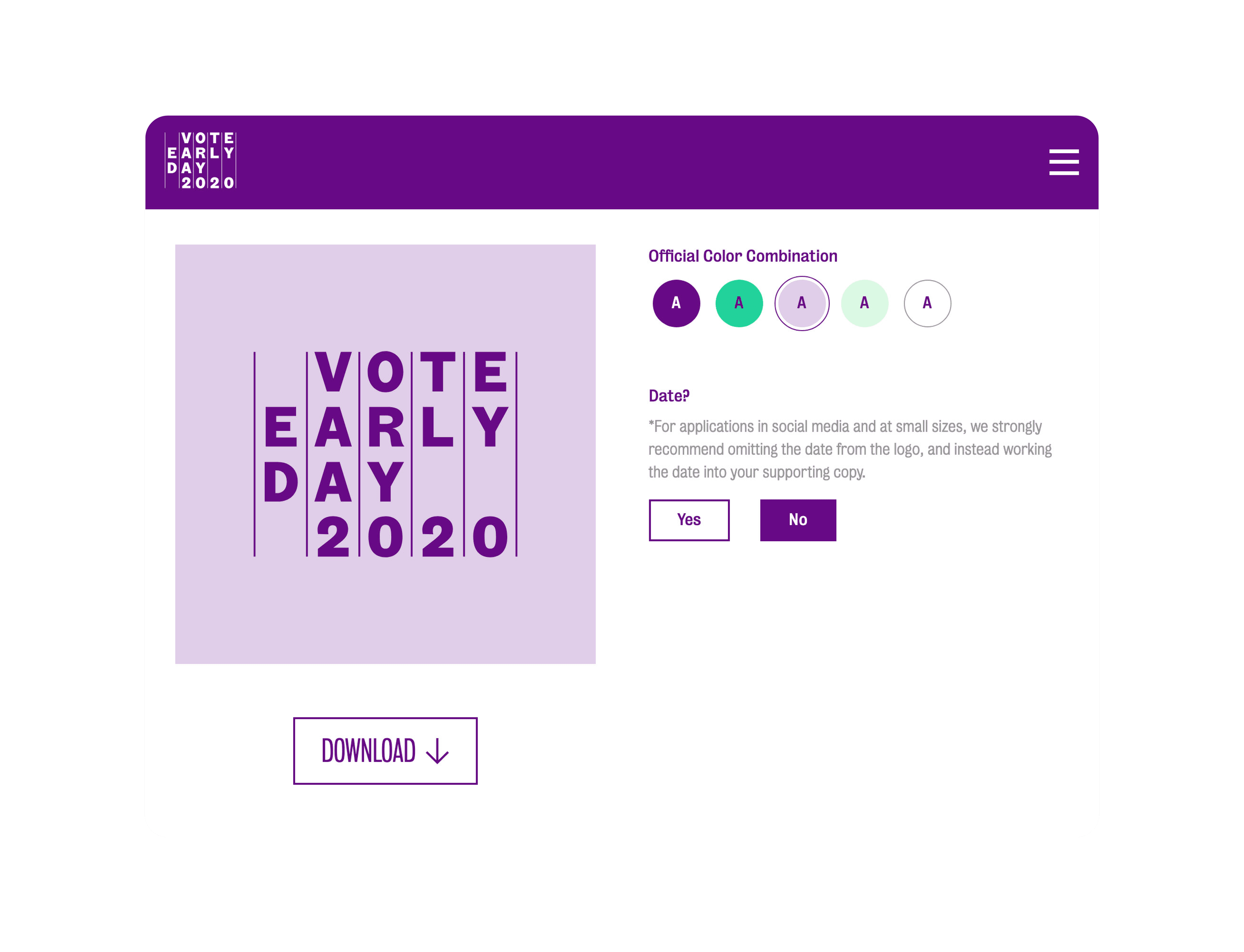 A webpage for Vote Early Day 2020 features the event logo and official color combinations. There's a prompt regarding the use of dates in applications with 'Yes' and 'No' options, and a 'Download' button at the bottom. The color theme is primarily purple and white.