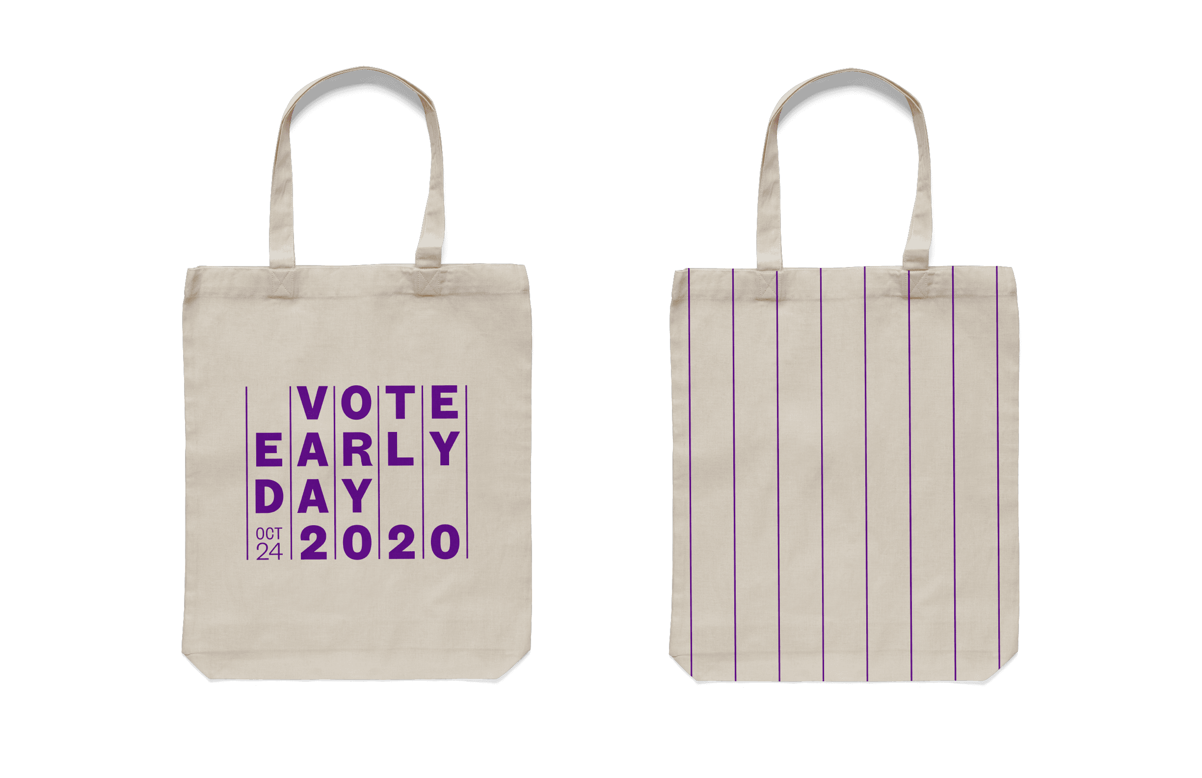 Image showing a beige tote bag with two views: front and back. The front view features text in purple that reads, "VOTE EARLY DAY 2020, OCT 24." The back view has vertical purple lines evenly spaced across the bag. The handles are black.