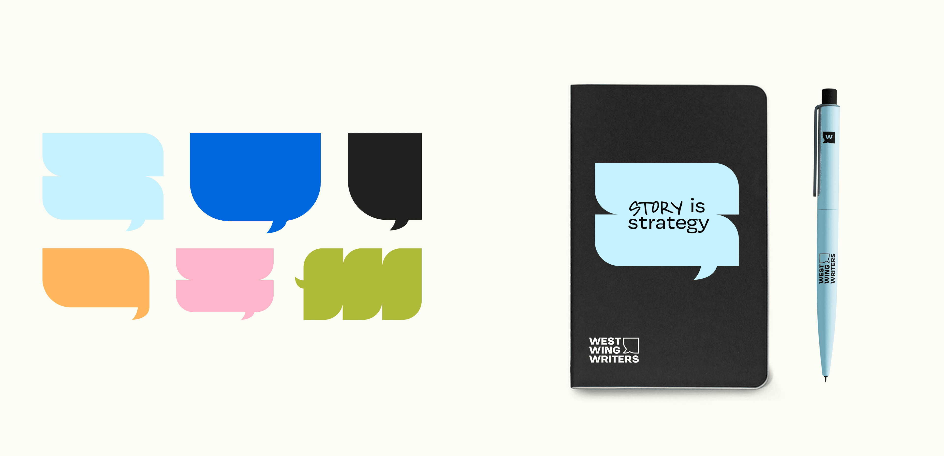 A variety of colorful speech bubble icons are displayed on the left. On the right, a black notebook with a blue speech bubble reading "Story is strategy" and the "West Wing Writers" logo sits next to a light blue pen.