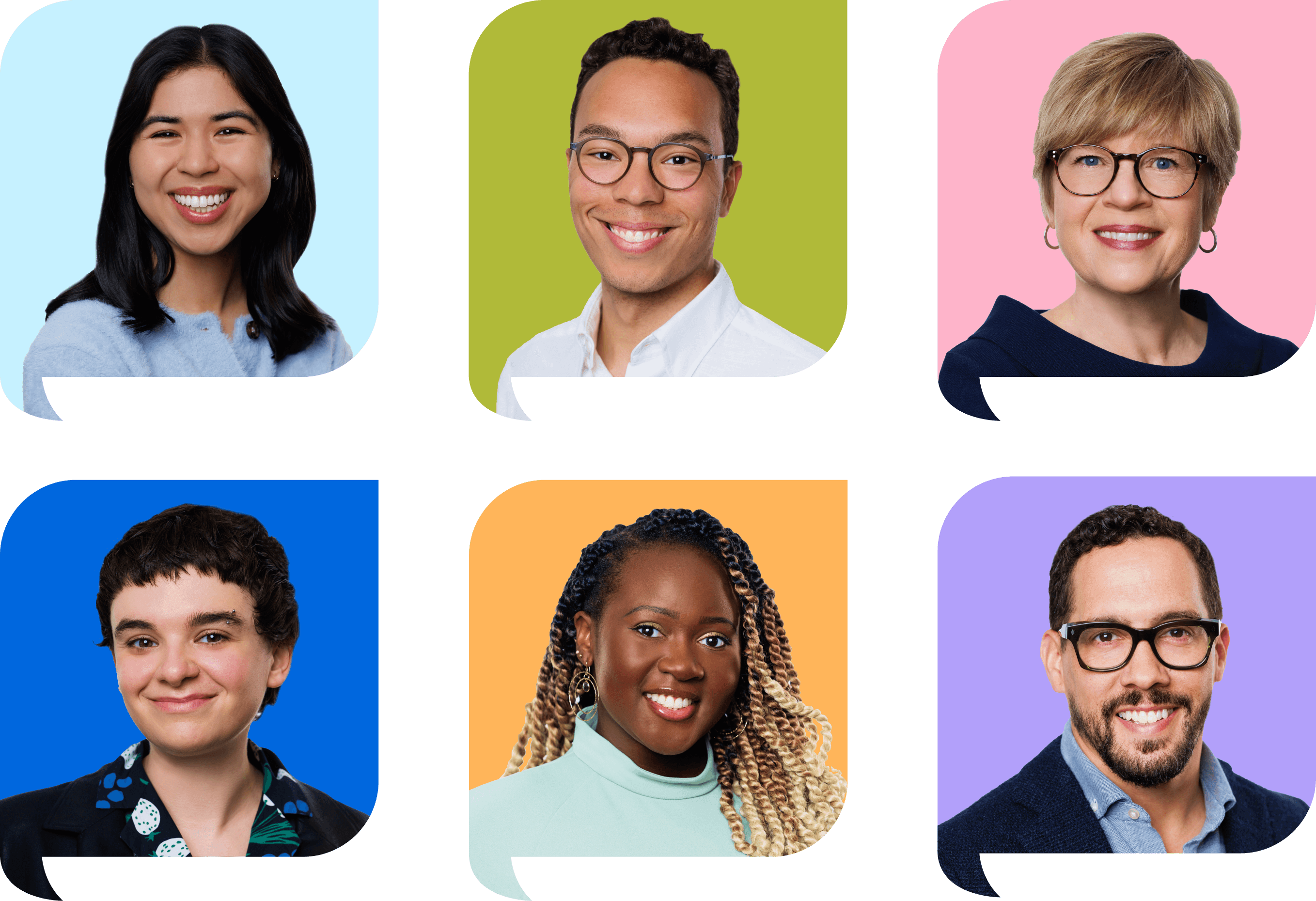 A grid of six headshots, each with a different-colored background. Top row: a smiling woman with long dark hair, a smiling man with glasses, a smiling woman with short blonde hair and glasses. Bottom row: a smiling person with short dark hair, a smiling woman with braided hair, and a smiling man with glasses and a beard.