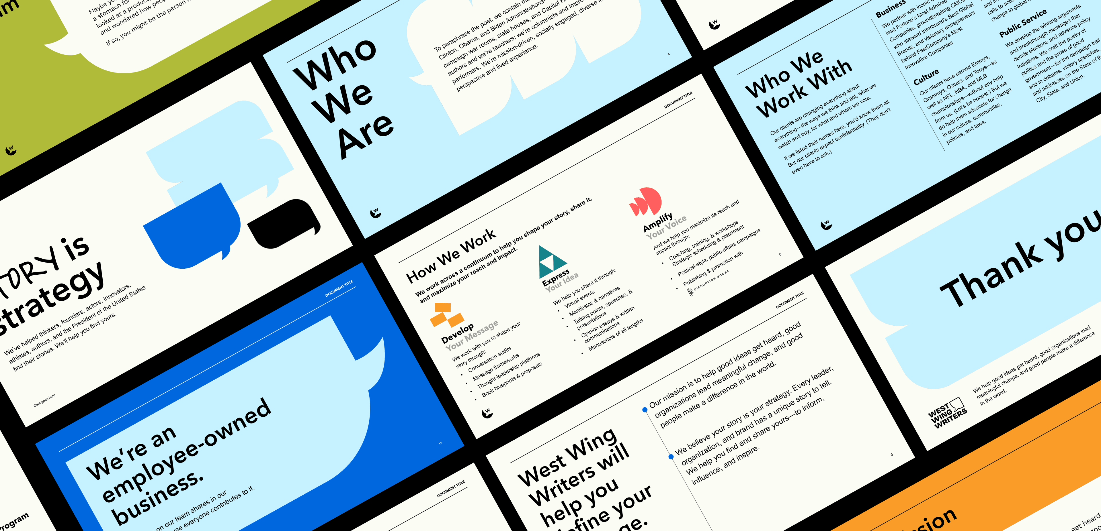 A grid of pages from a presentation with various slides titled "Who We Are," "How We Work," "Who We Work With," "Story is strategy," "Thank you," and more. The slides feature text, icons, and speech bubble graphics in a color scheme of blue, yellow, orange, and white.
