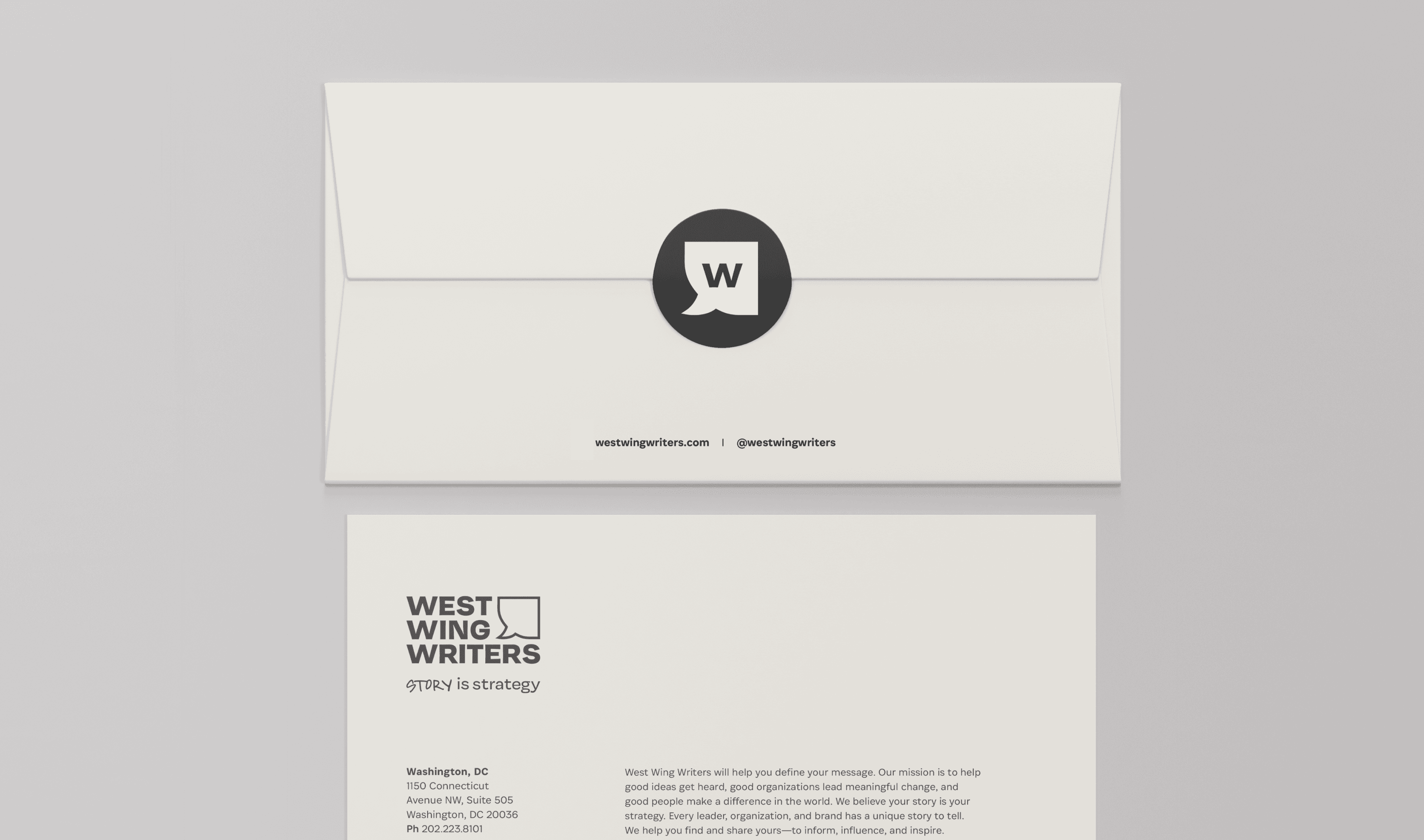 A white envelope with a black circular logo featuring a stylized "W" and contact information is shown above a letter. The letterhead reads "West Wing Writers" with a minimalist design and includes contact details in the bottom left section.