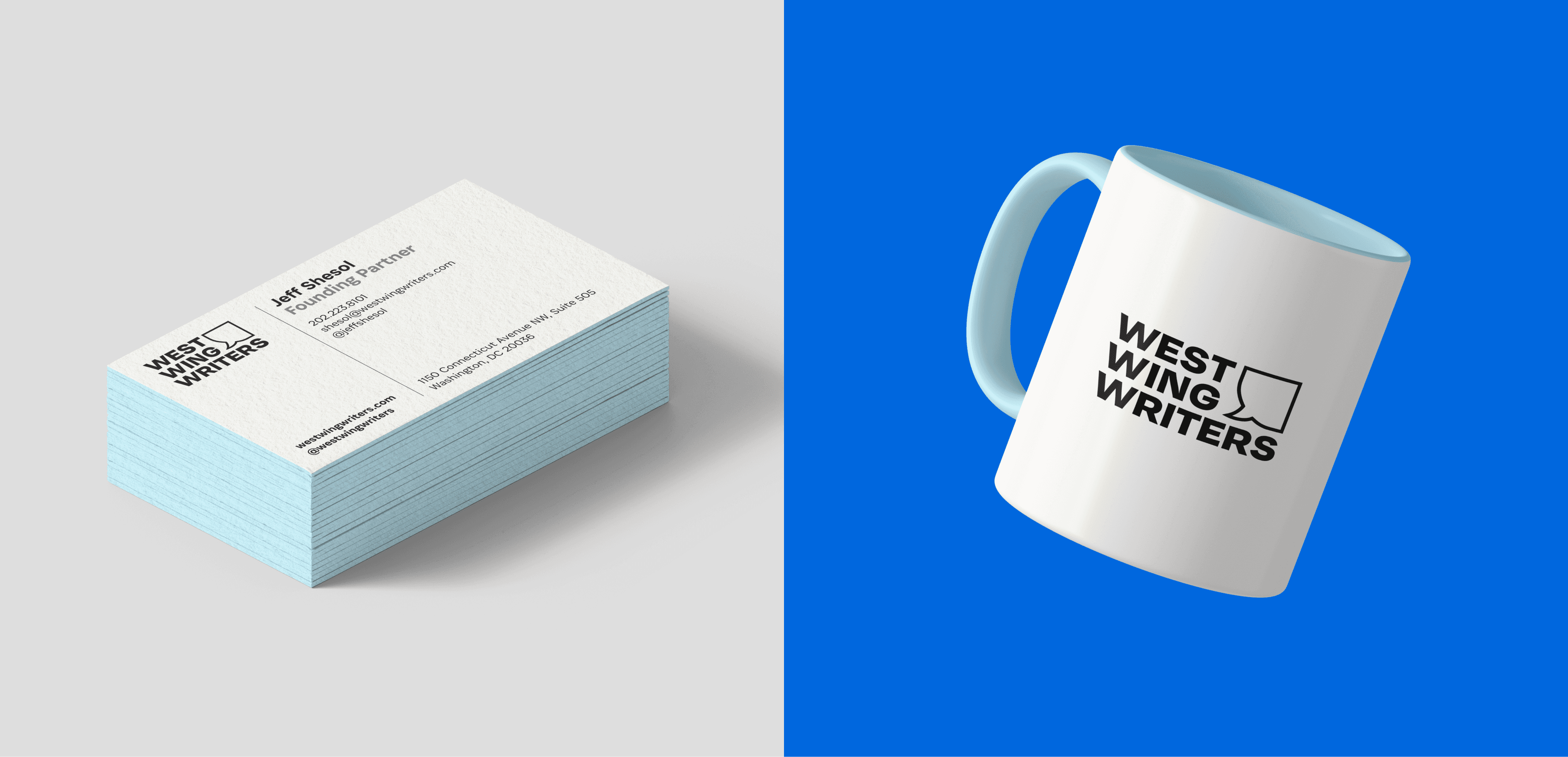 A stack of business cards and a coffee mug against a split background. The business cards include a logo with the text "West Wing Writers," and are styled in blue and white. The mug, also in blue and white, features the same "West Wing Writers" logo. The background is half gray and half bright blue.