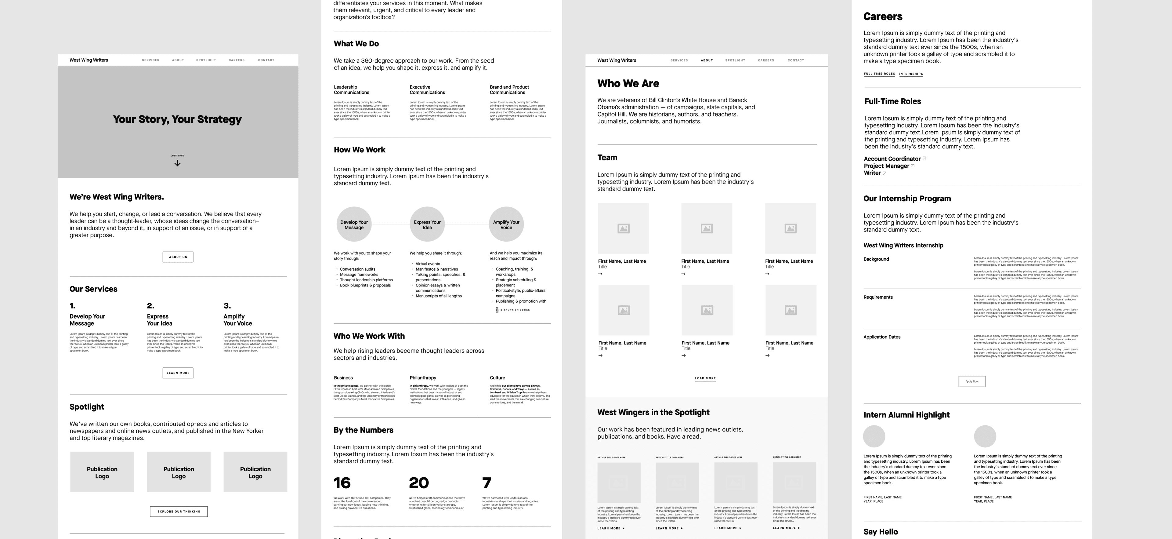 A grayscale wireframe of a website layout divided into four vertical sections: "What We Do," "Who We Are," "Careers," and a summary section. Each section has multiple text boxes and placeholder images for organizing content and navigation.