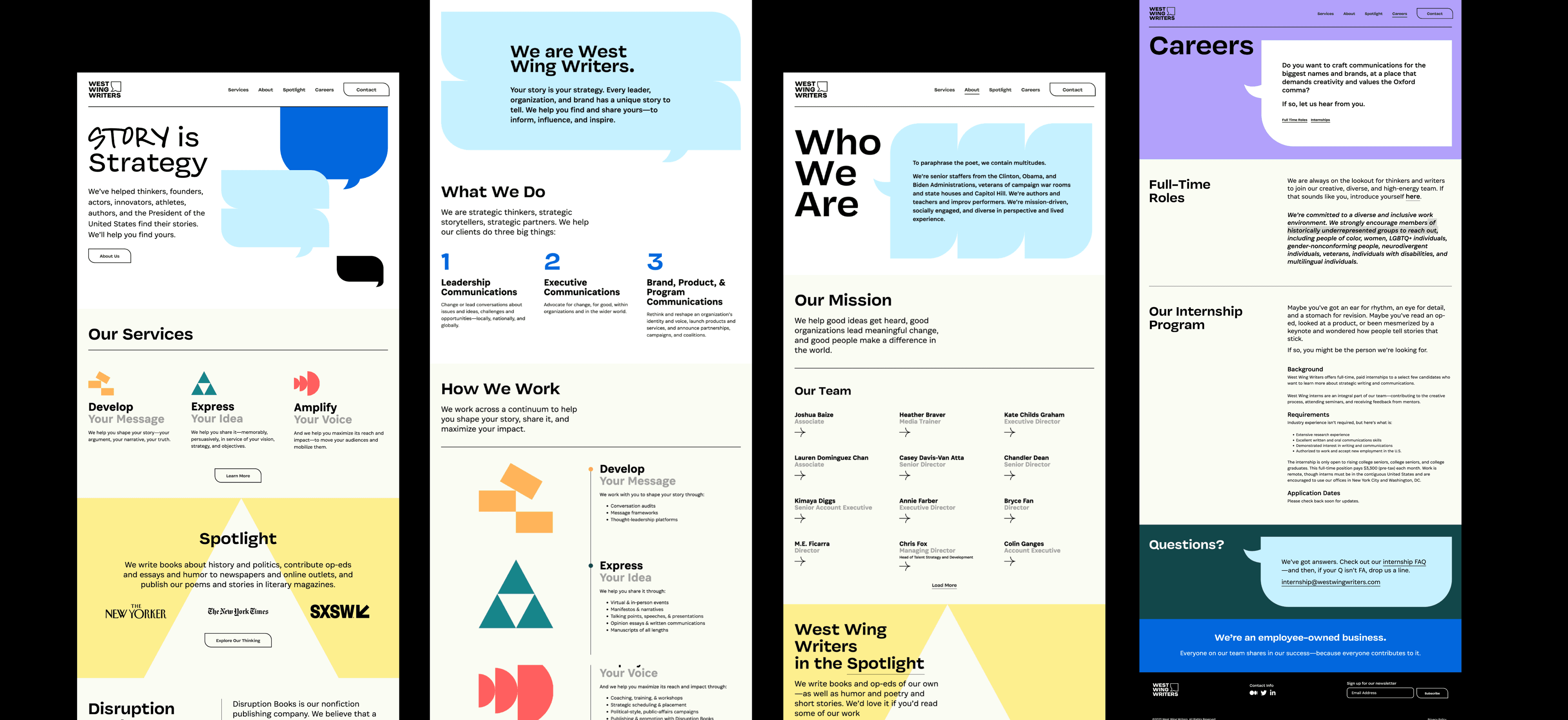 A composite image featuring four vertical panels from the West Wing Writers website. The panels detail their services, mission, team, careers, internship program, and work methodology. Each panel is distinct by color and layout, filled with text, icons, and graphics.