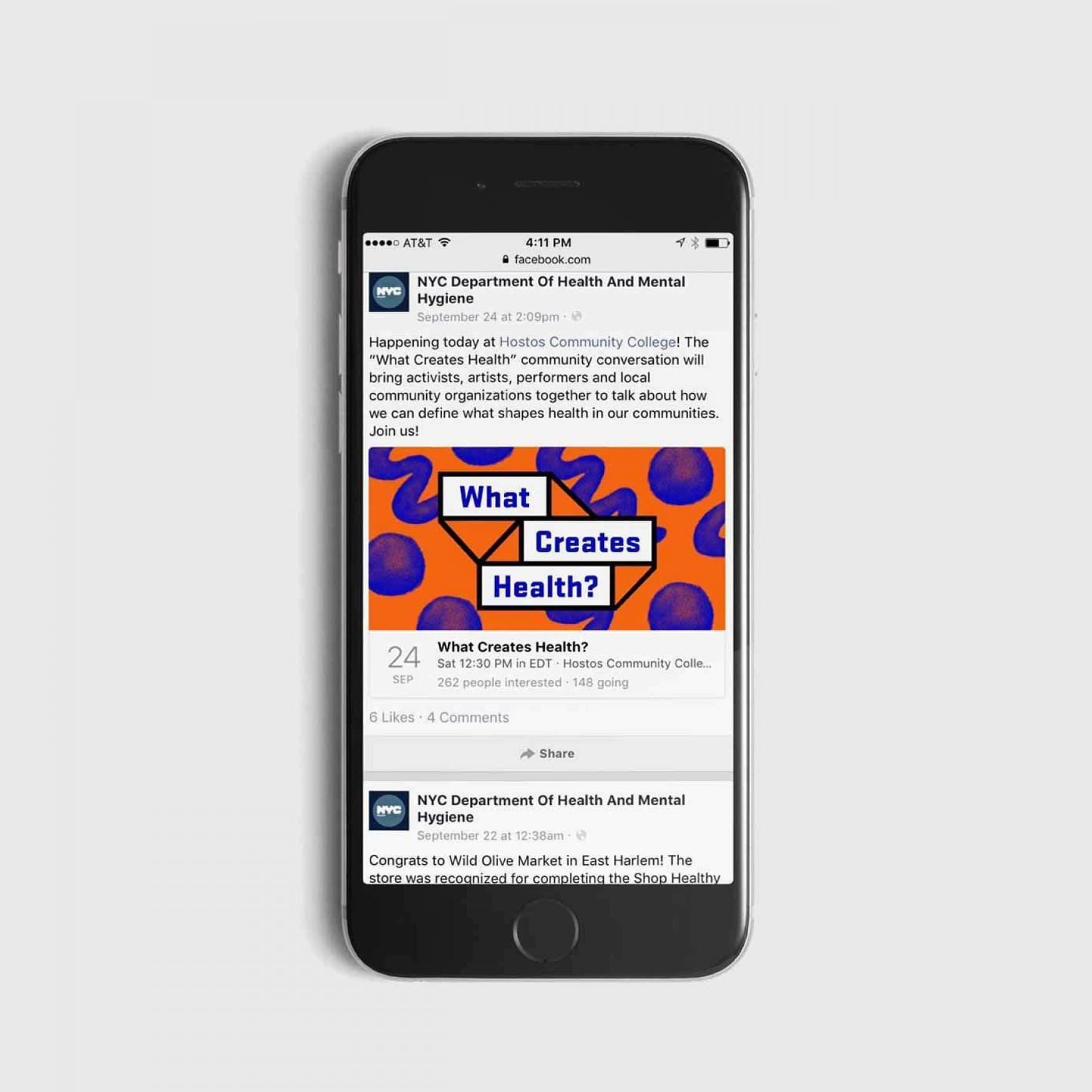 A smartphone displaying a Facebook post from the NYC Department of Health and Mental Hygiene. The post promotes an event titled "What Creates Health?" with details of the event's time and location, featuring a vibrant orange and blue graphic.