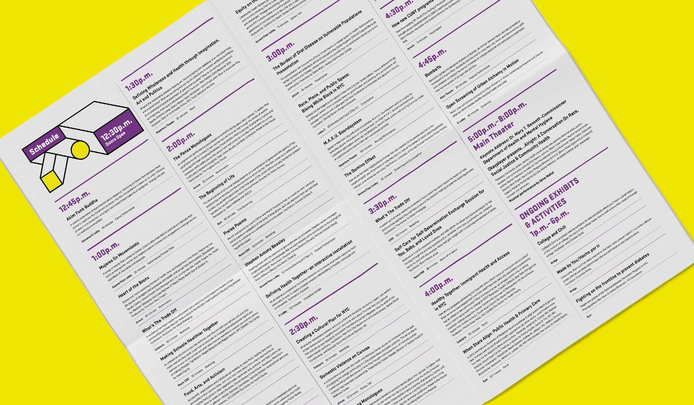 An event schedule on white paper with purple text is laid out in columns against a yellow background. It details activities from 12:00 PM to 6:00 PM, including Main Theater events and ongoing exhibits. An illustration of a clock is at the top left corner.
