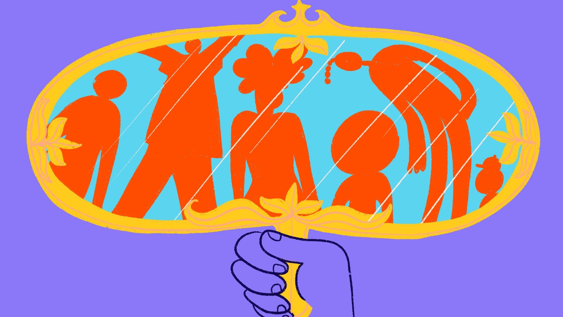 A hand holding an ornate, oval mirror with a gold frame. Inside the mirror, abstract orange silhouettes of diverse people in various poses are reflected against a bright blue background. The overall color palette is vibrant with purple, blue, and orange tones.