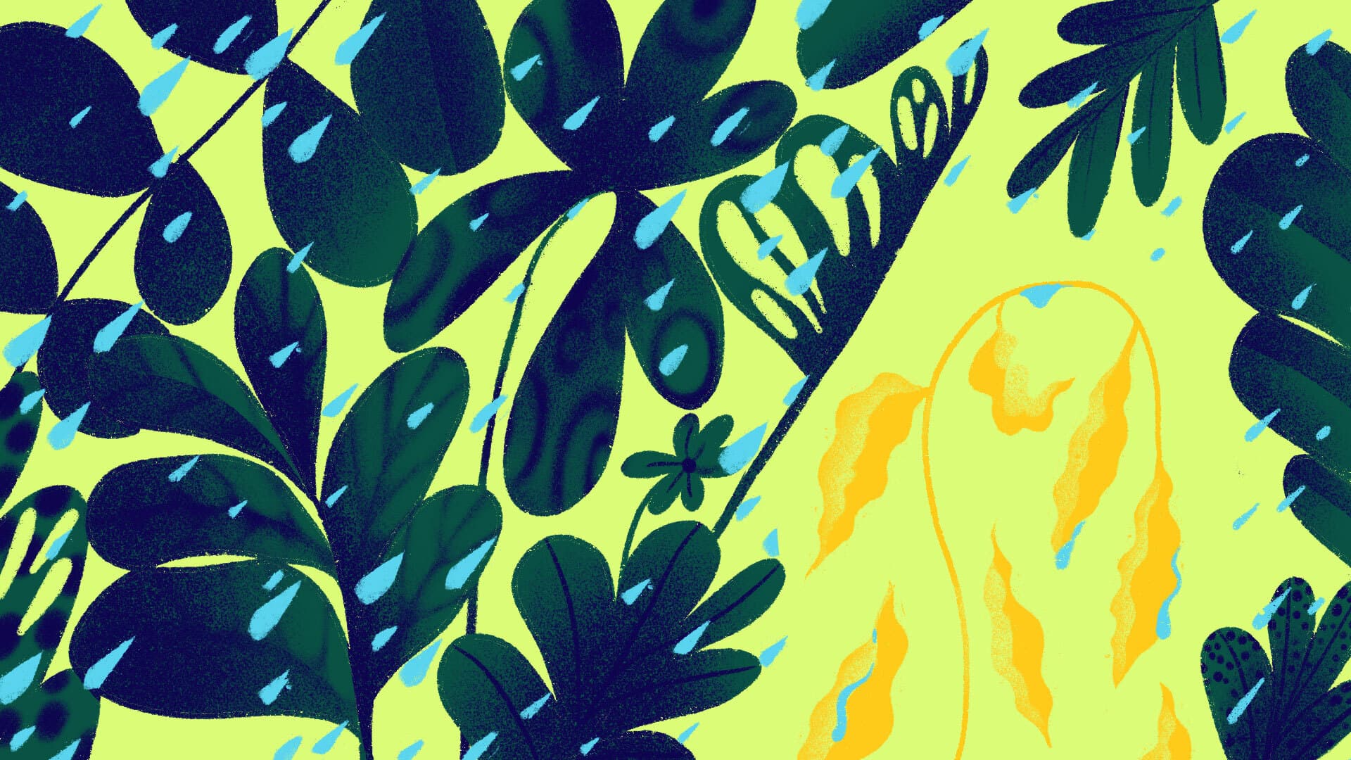 An illustration featuring vibrant green foliage with various sizes of leaf shapes, scattered with blue droplets. On the right, a yellow, indistinct form with blue accents stands among the leaves, blending into the bright yellow-green background.