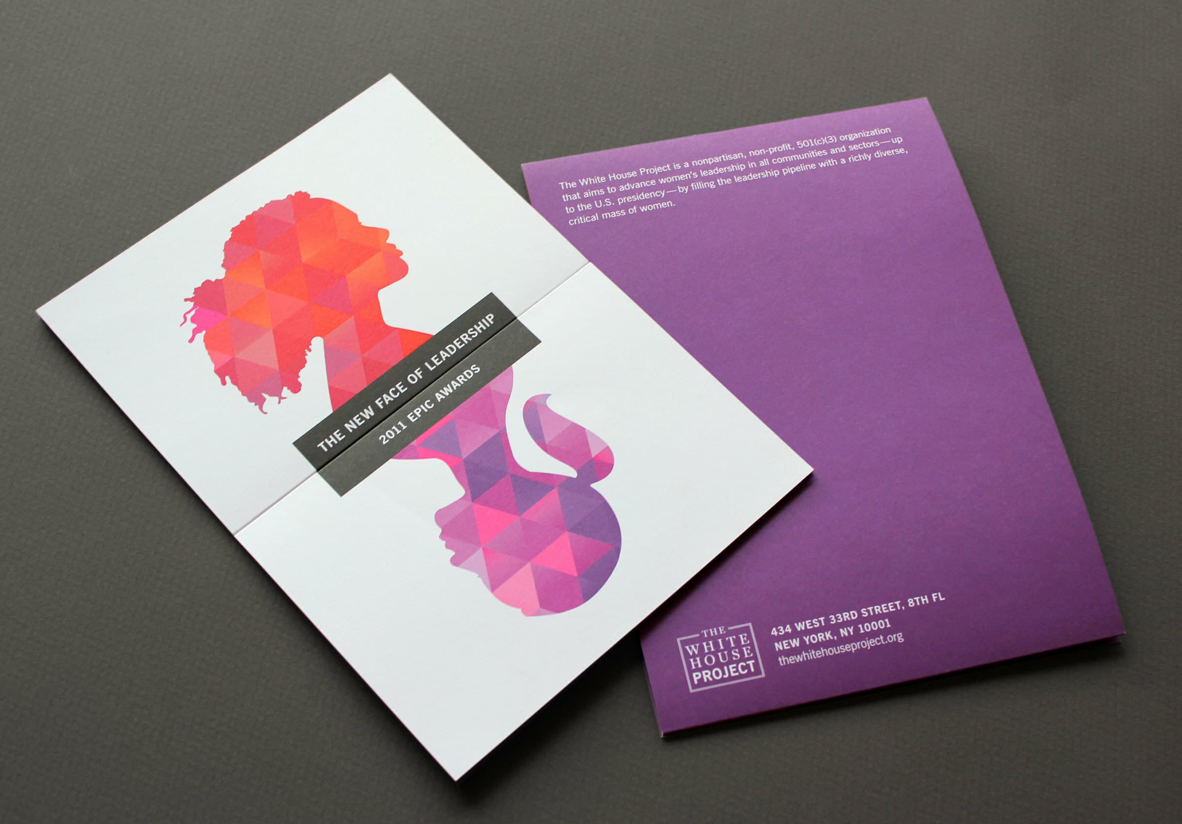 A promotional flyer with two sections is shown. The left section features a stylized silhouette of a woman made up of triangular patterns with the text "The New Face of Leadership" and "2011 EPIC Awards." The right section is a purple cover with contact information and logo.