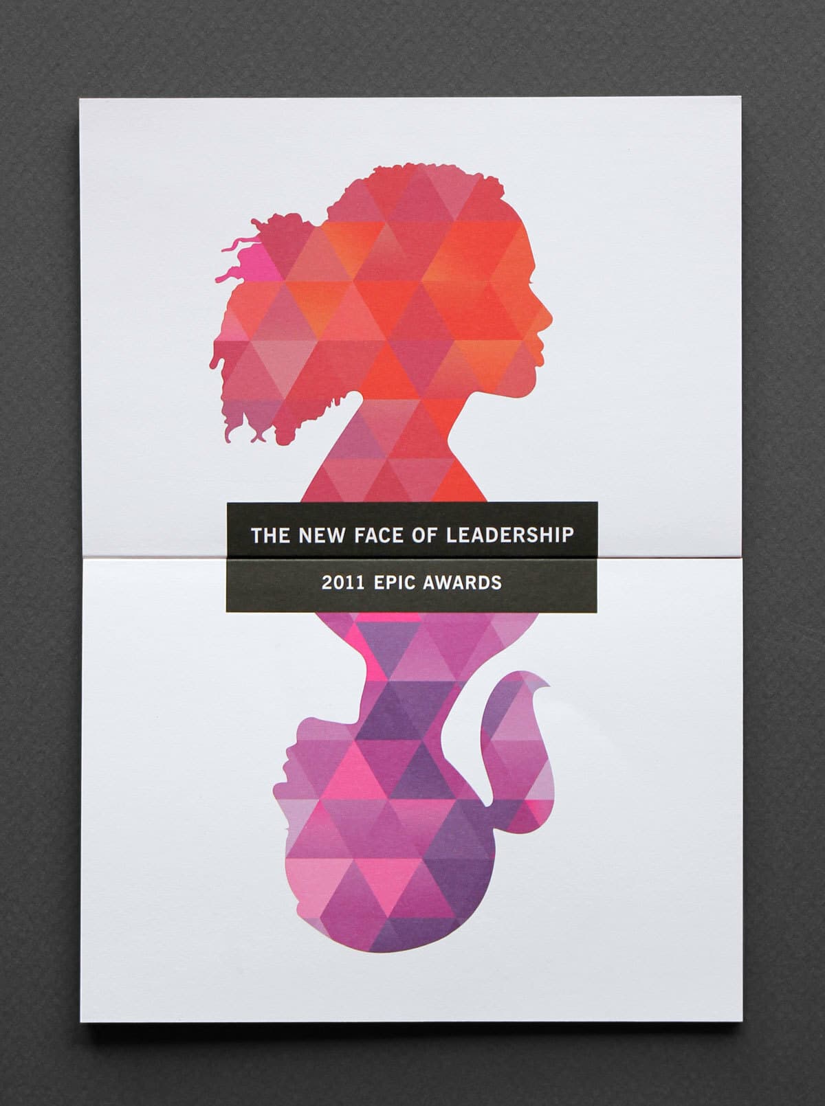 A geometric silhouette of a woman in vibrant shades of pink, red, and purple is seen on a white background. Text reads “THE NEW FACE OF LEADERSHIP” and “2011 EPIC AWARDS” in a black rectangle across the middle of the image.
