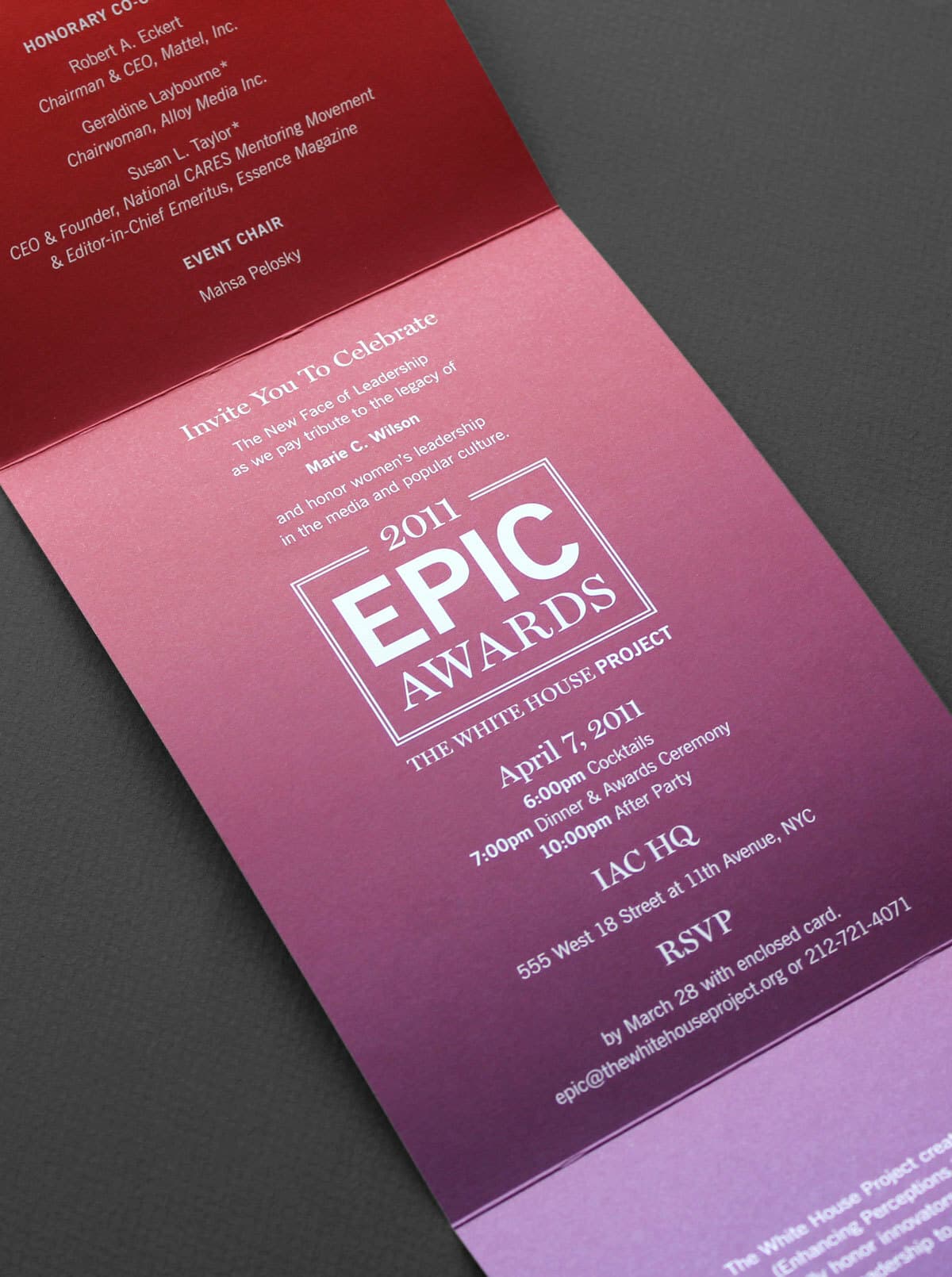 An event invitation for the 2011 EPIC Awards hosted by The White House Project. The event includes cocktails at 6:00 PM, an awards ceremony at 7:00 PM, and an after party at 10:00 PM, held at 1AC HQ in NYC. RSVP details are provided at the bottom of the invitation.