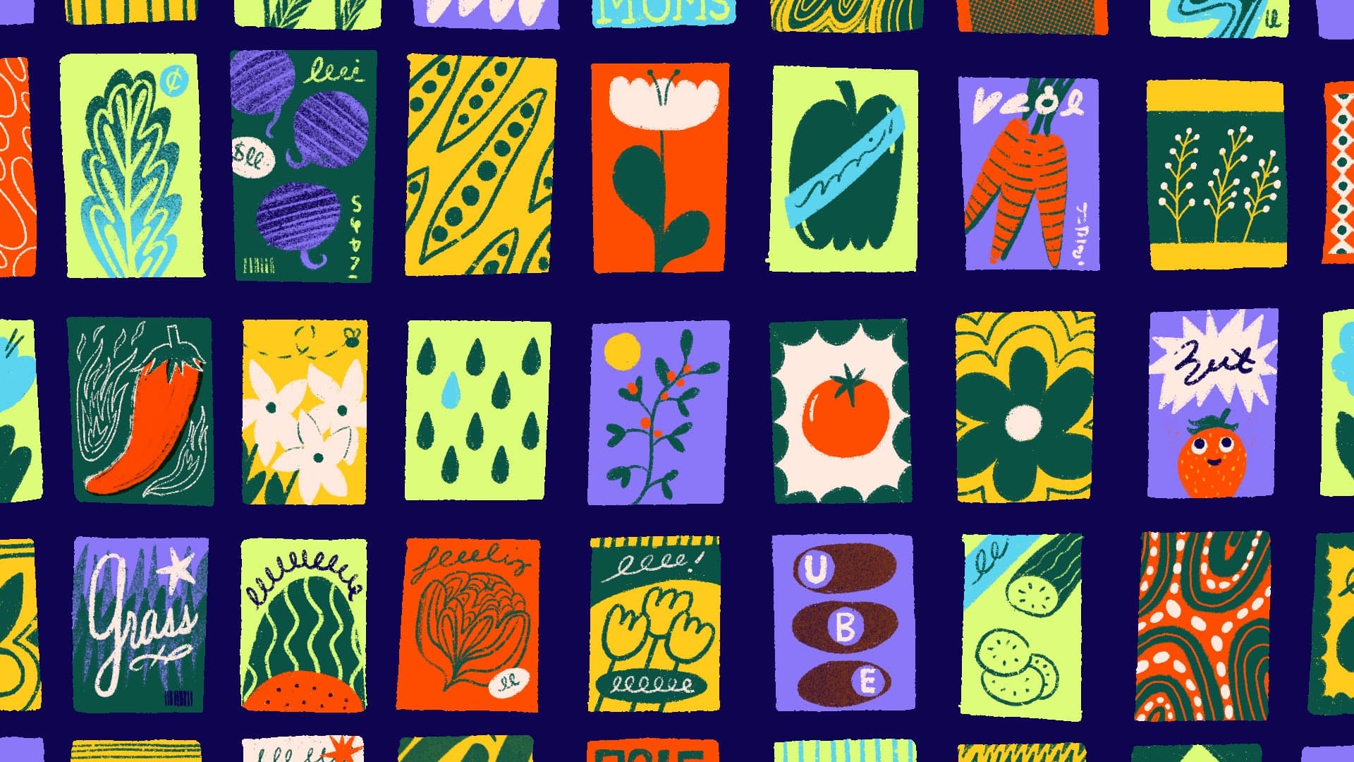 A colorful grid of illustrated seed packets featuring drawings of vegetables, fruits, plants, and abstract patterns on bold, vibrant backgrounds. The designs are whimsical and playful in style.