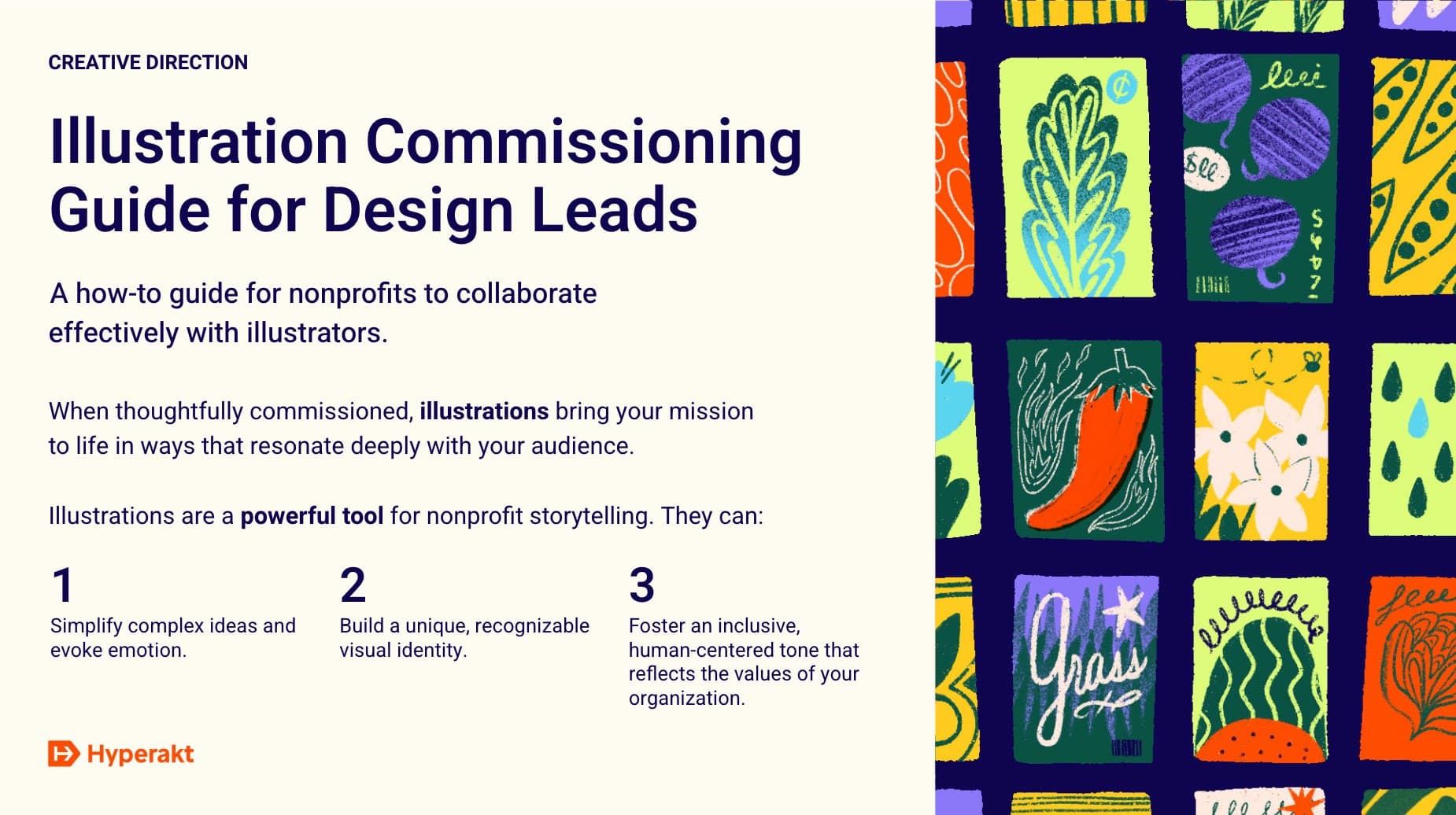 An infographic titled "Illustration Commissioning Guide for Design Leads" with tips on using illustration for nonprofits. Colorful illustrations, including plants and “Gracias,” are on the right. The Hyperakt logo appears at the bottom left.