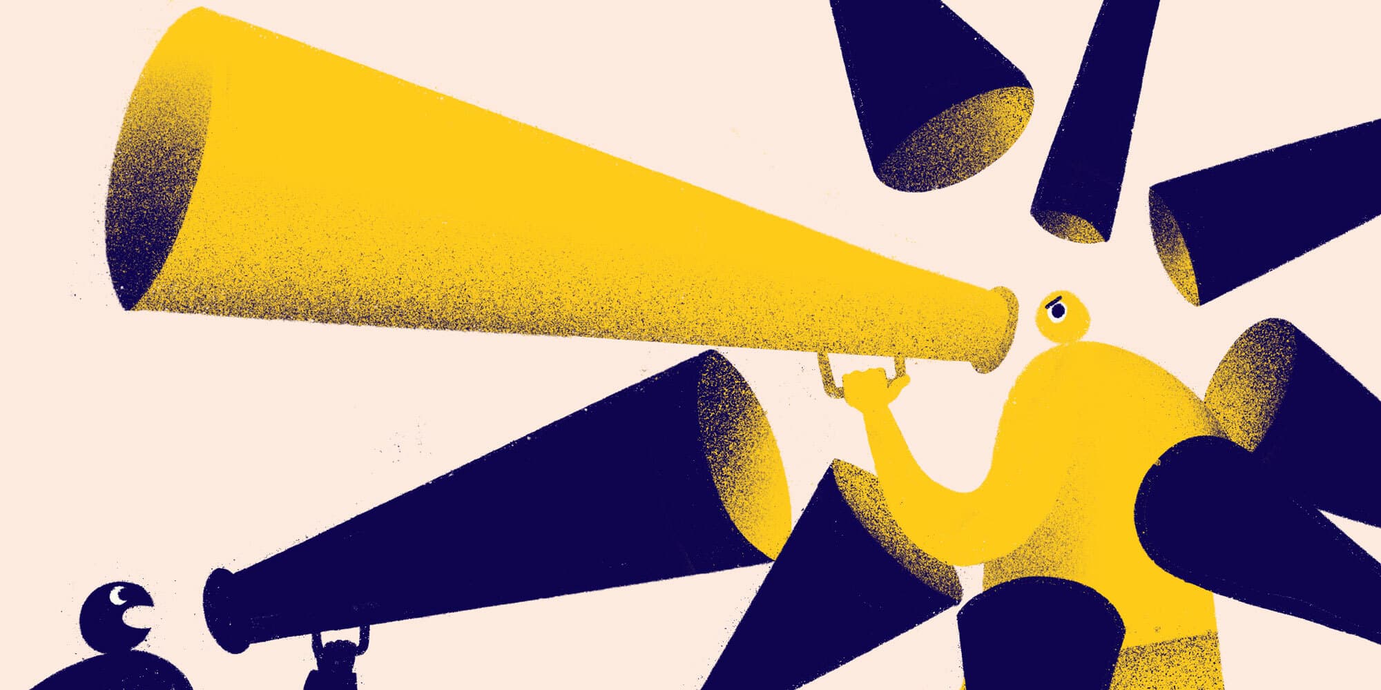 An illustration shows a large, yellow figure with a long megaphone, which points towards smaller black megaphones around it. A tiny person with a small megaphone stands at the bottom left, looking up at the larger figure. The background is a pale peach color.