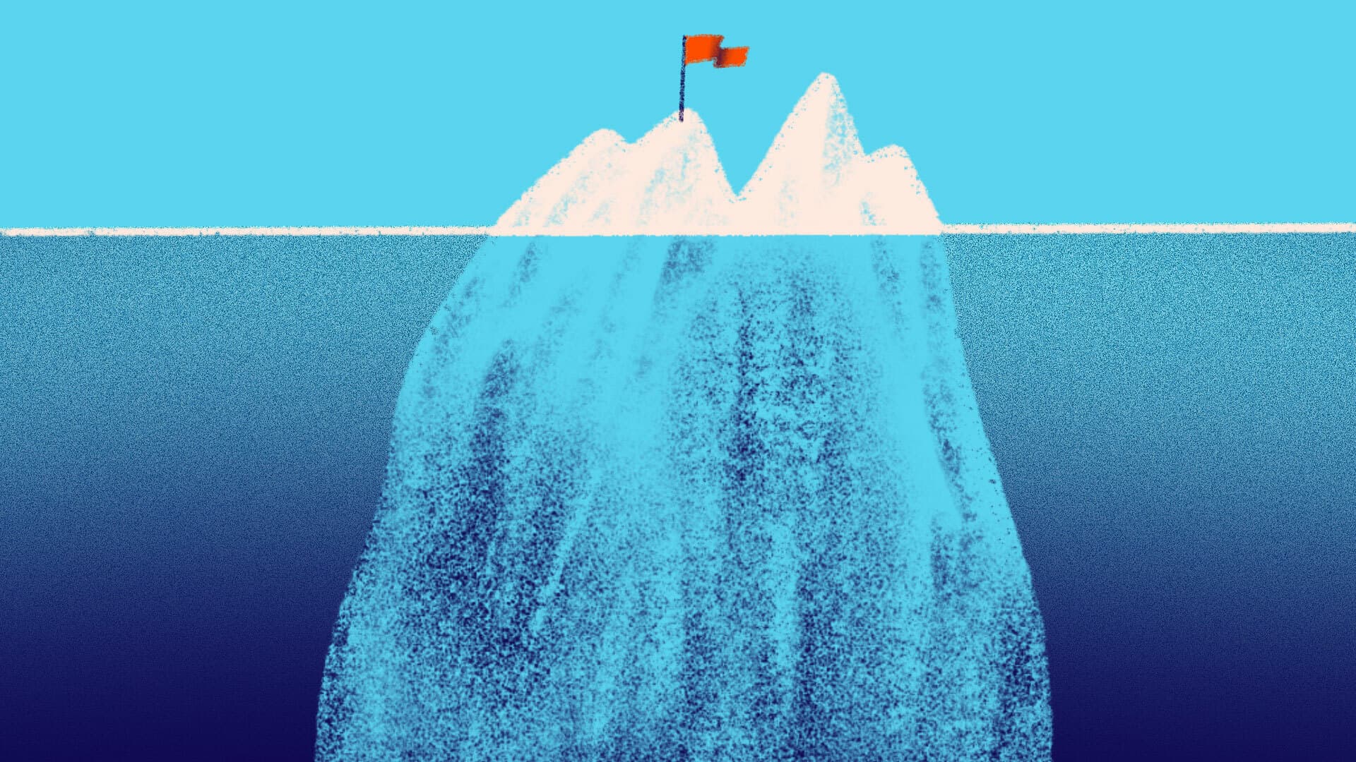 A large iceberg floats in the ocean, with only a small portion visible above the waterline. The submerged part of the iceberg is significantly larger and extends deep into the dark blue water, illustrating the classic "tip of the iceberg" concept. A red flag is planted on the visible peak. The sky is clear and bright above the horizon.