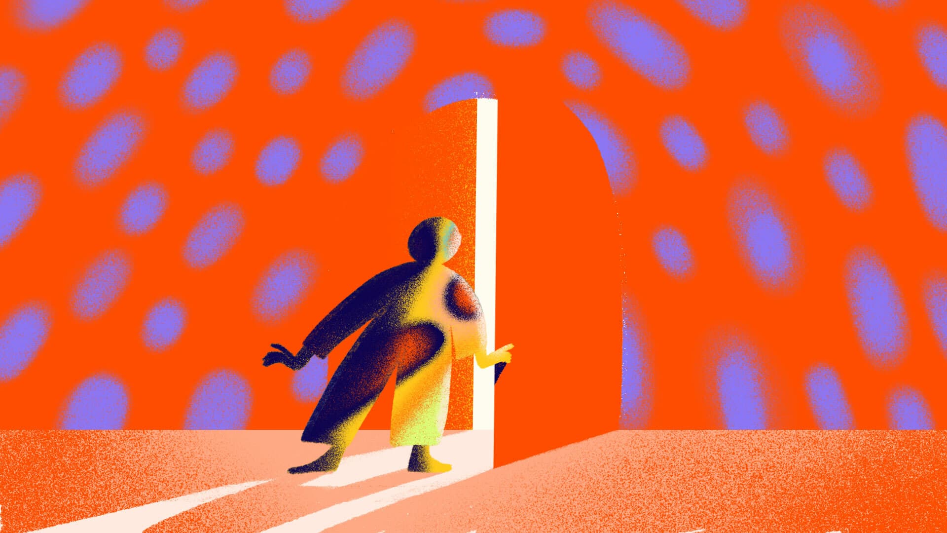 A person, stylized with abstract colors and shapes, stands at an open door set in a vivid orange wall with blue ovals. Light streams through the door, casting elongated shadows of the person on the floor. The scene evokes a sense of curiosity and exploration.