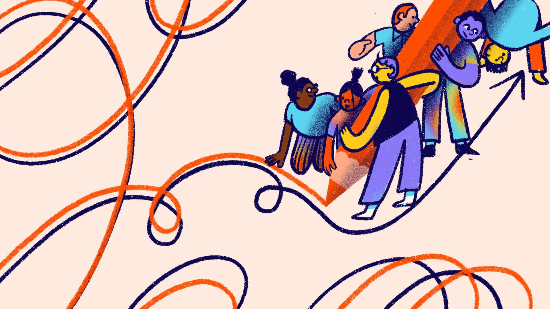 Illustration of five diverse individuals collaborating to pull a large arrow upward. The background features vibrant, swirling patterns in orange and purple, creating a sense of movement and teamwork.