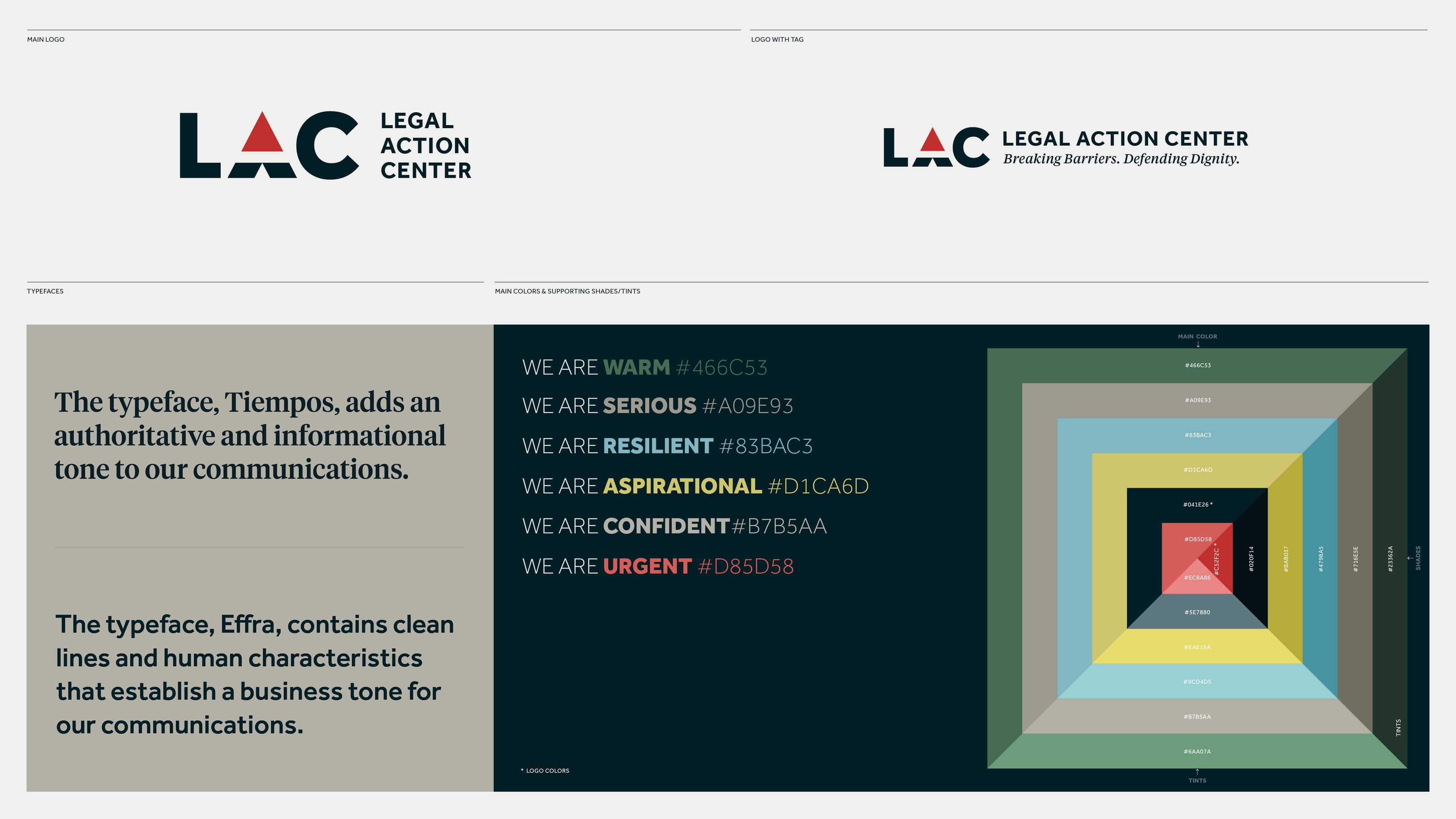 Image of a branding guide for the Legal Action Center. The left section details the typeface used, Tiempos and Effra, emphasizing their authoritative and clean nature. The right section displays a color palette with associated emotional tones like warmth, seriousness, and urgency.