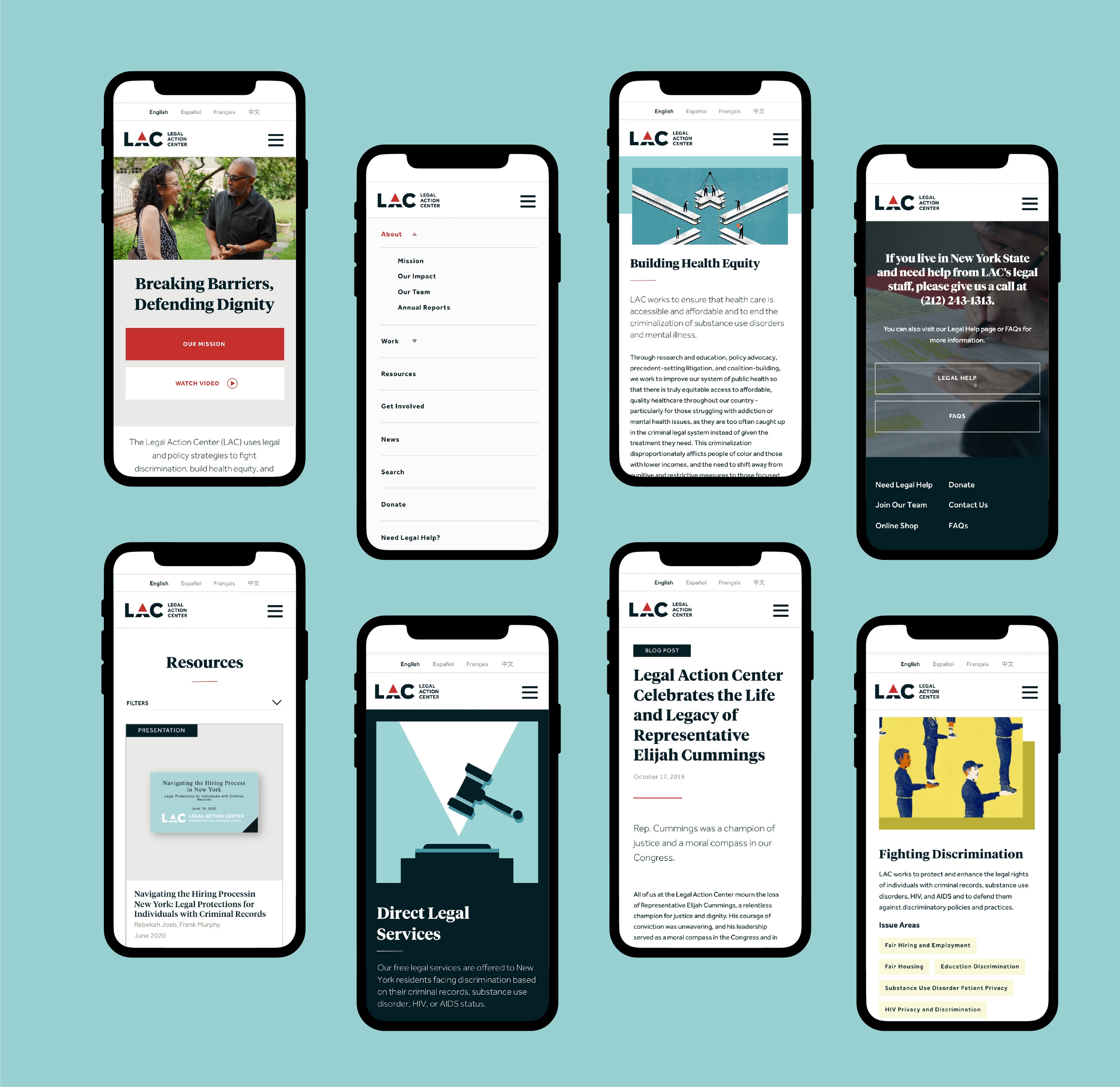 A grid of 8 smartphones is displayed, each showing different screens from the Legal Aid Center's mobile website. Screens include various services like legal health equity, discrimination fighting, direct legal services, resources, and a tribute to Elijah Cummings.