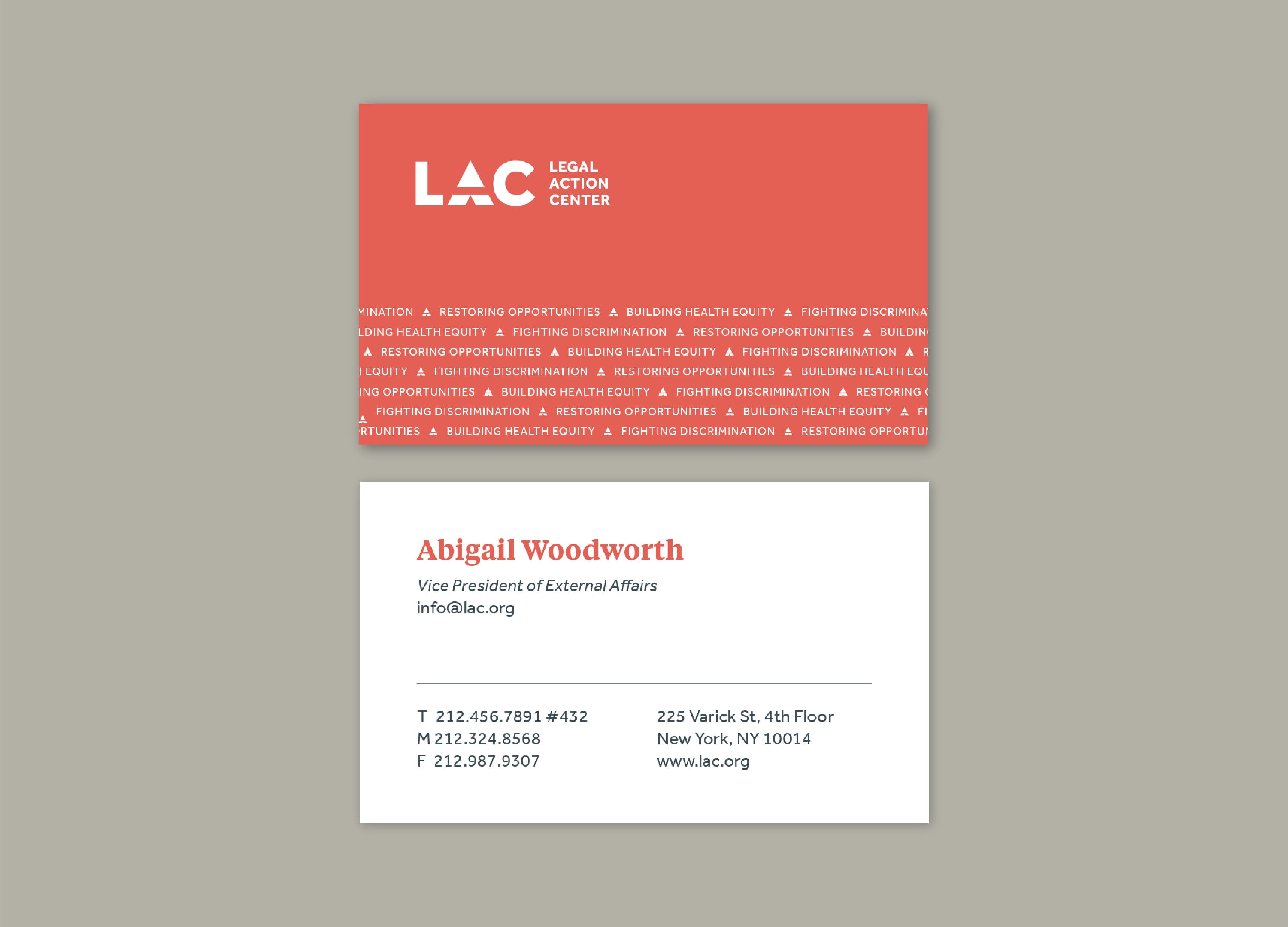An image showing the front and back of a business card for the Legal Action Center (LAC). The front has the LAC logo and address against a red background. The back displays Abigail Woodworth's contact info, including email, phone, and office address in New York City.