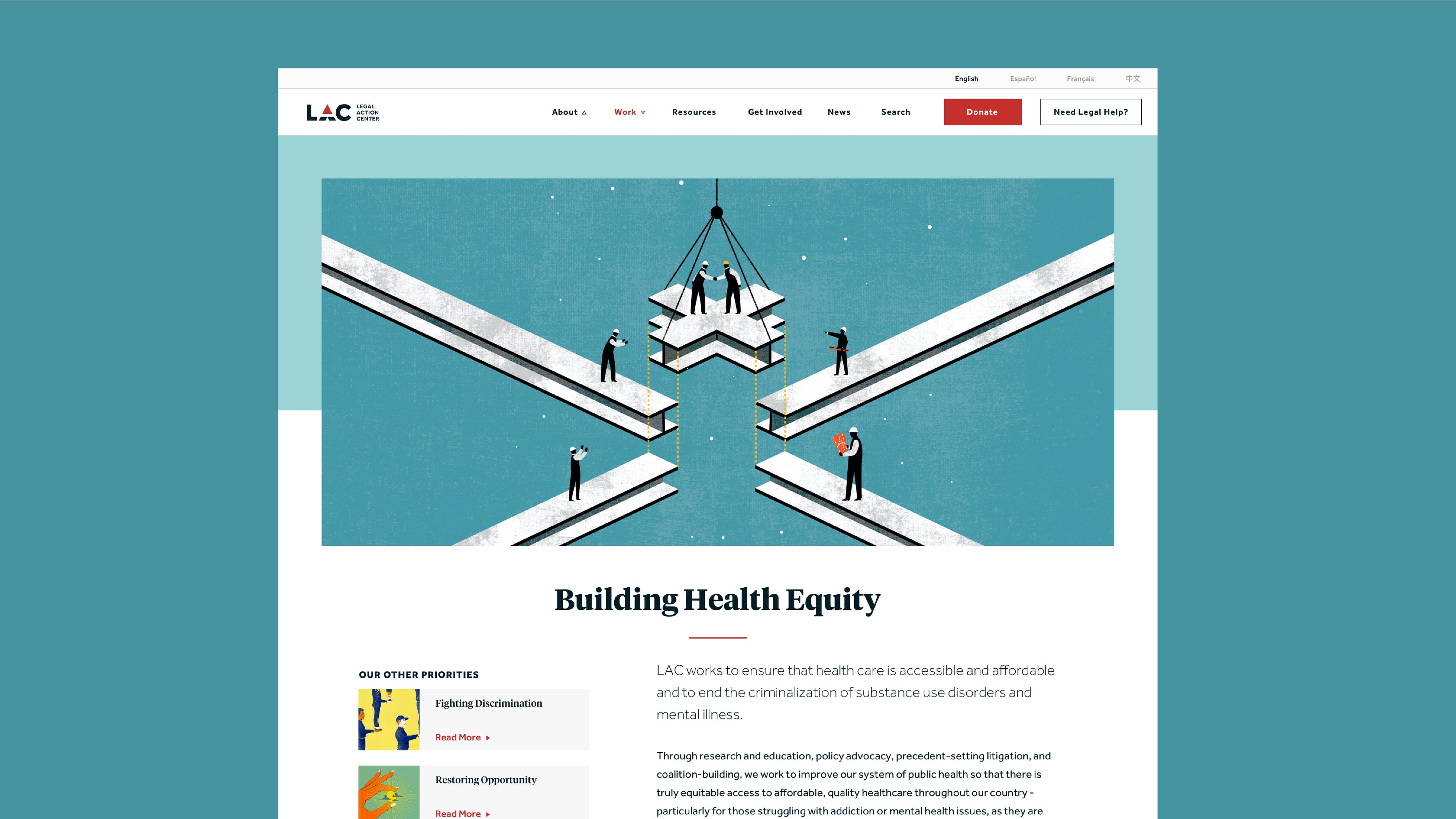 Illustration of people assembling a large medical cross, symbolizing health equity. The web page of the Legal Action Center features navigation options, a "Donate" button, and sections on priorities like fighting discrimination and increasing opportunities.