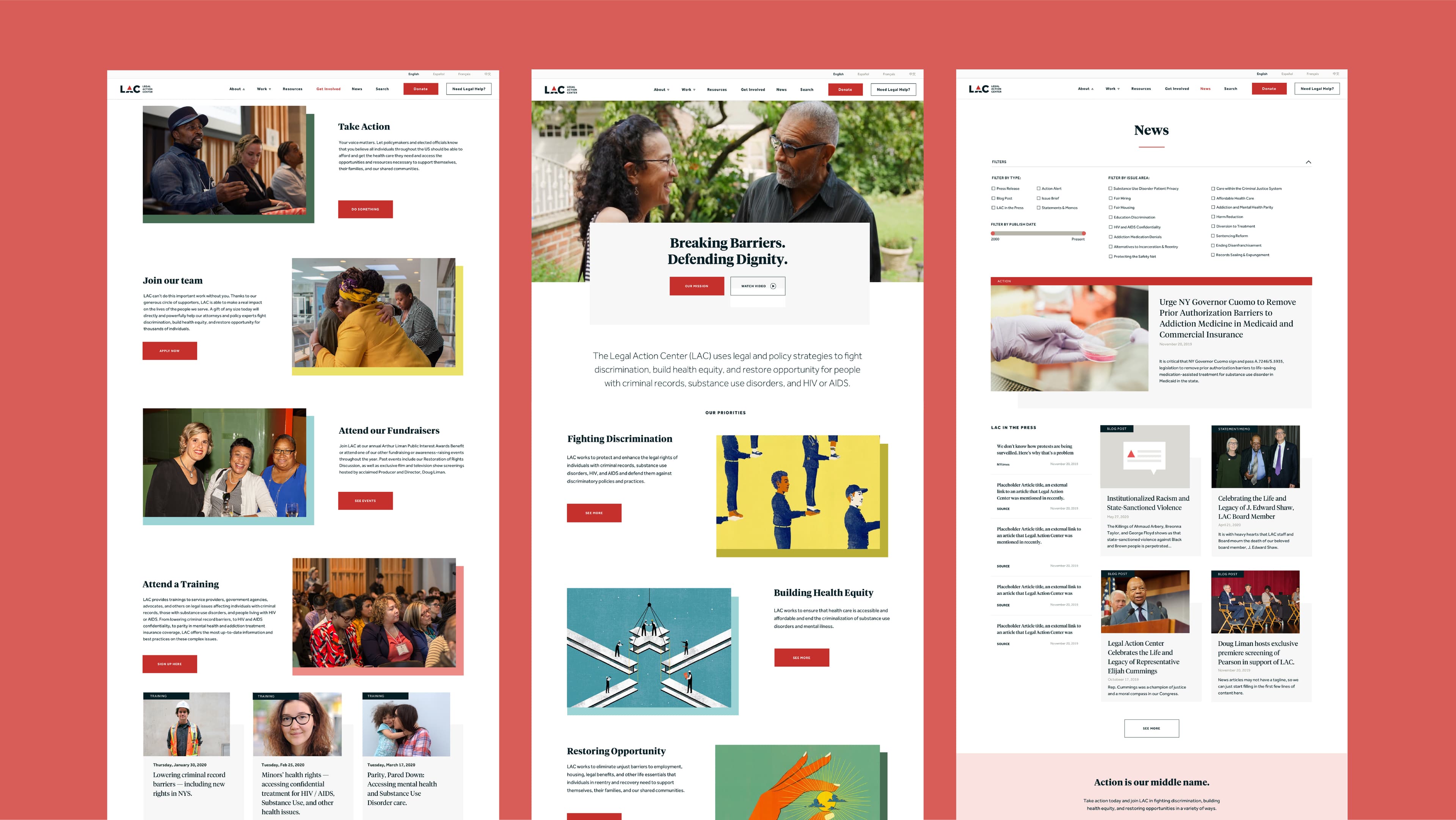 A preview of a website split into three vertical sections against a red background. The sections showcase various articles, images, and menus with content about community actions, building equity, and current news. The central theme emphasizes defending dignity and opportunities.