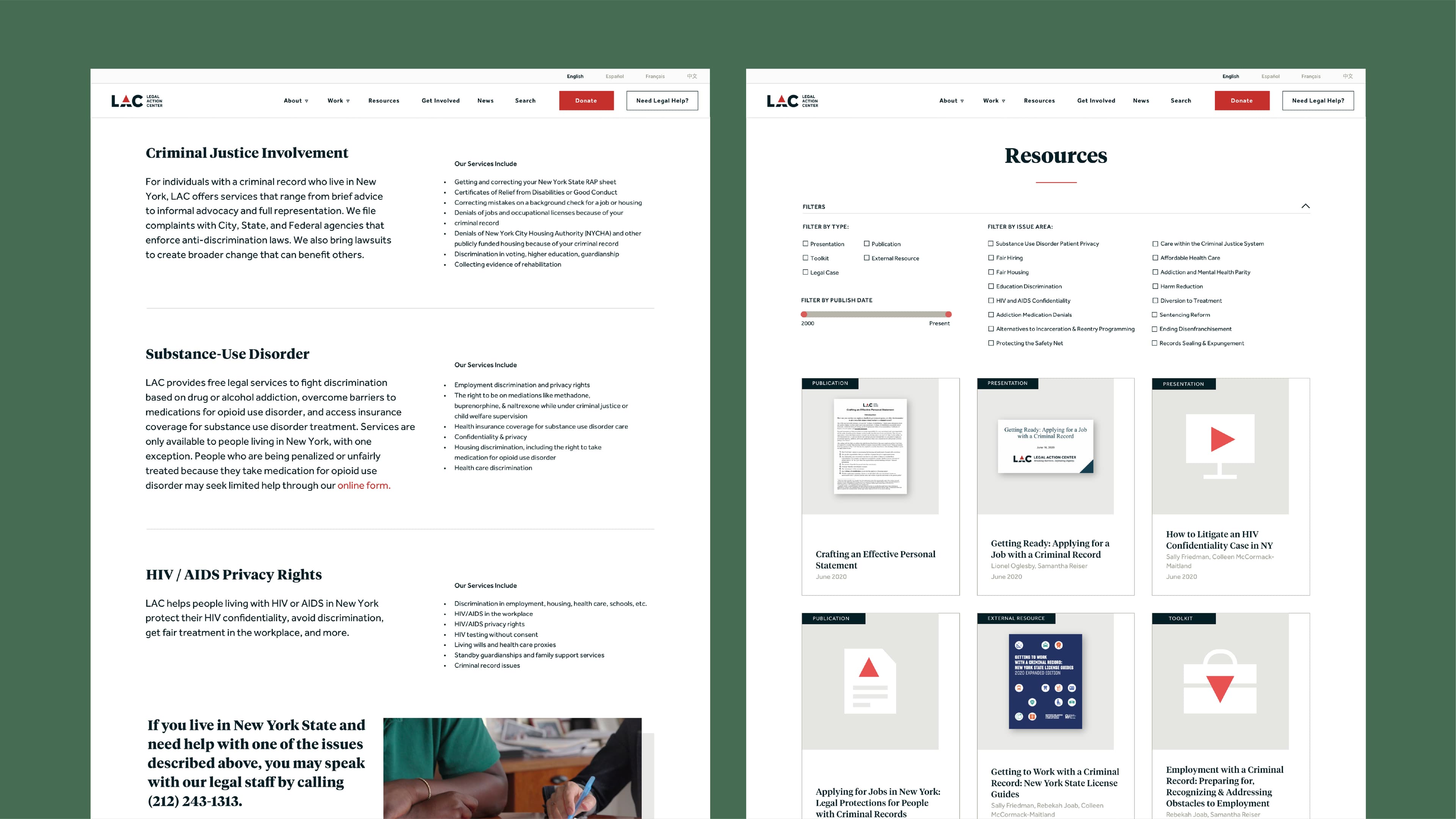 Two screenshots of a website. The left one features articles titled “Criminal Justice Involvement,” “Substance-Use Disorder,” and “HIV/AIDS Privacy Rights.” The right one shows a “Resources” section with various documents and videos on legal topics. A navigation bar appears at the top.