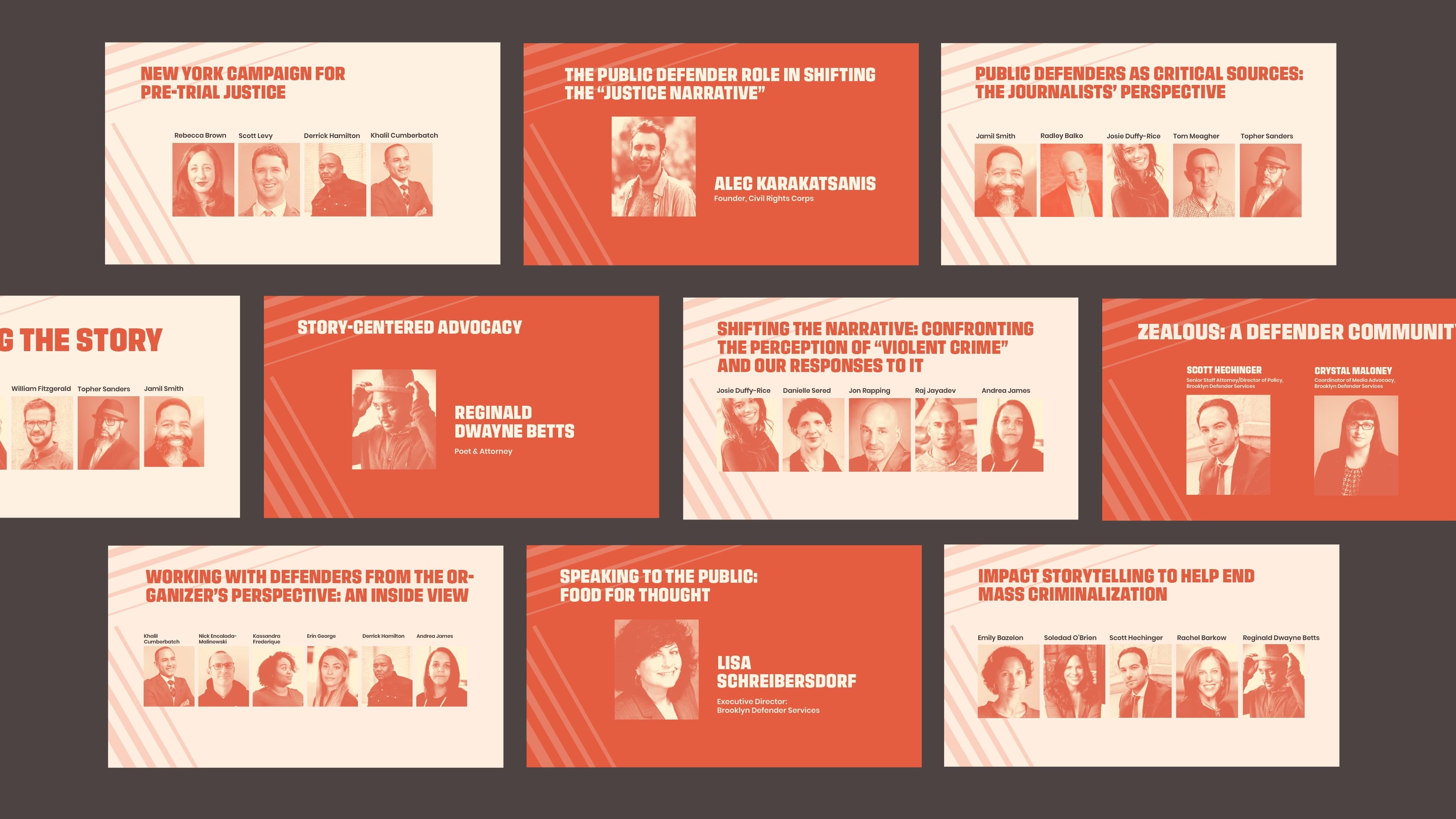 A collage of ten presentation slides with various titles related to criminal justice reform, featuring different speakers. The slides have a cohesive red and white color scheme and include headshots of the speakers along with titles such as "Story-Centered Advocacy" and "Shifting the Narrative.