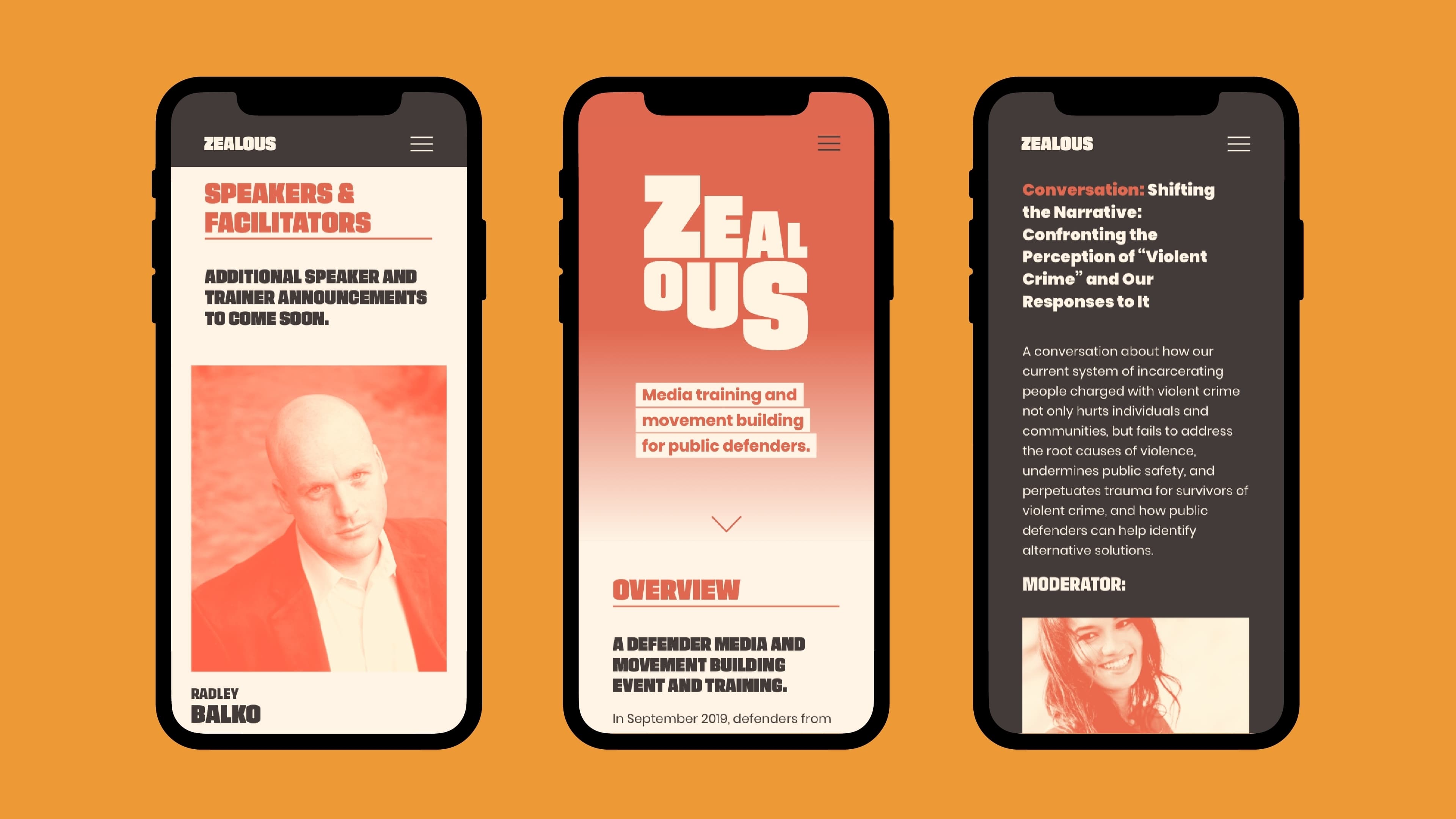 Three smartphone screens showcase different sections of the Zealous website. The left shows a "Speakers & Facilitators" announcement. The middle screen displays the Zealous logo and an overview. The right screen features a conversation titled "Shifting the Narrative" with a moderator's photo.